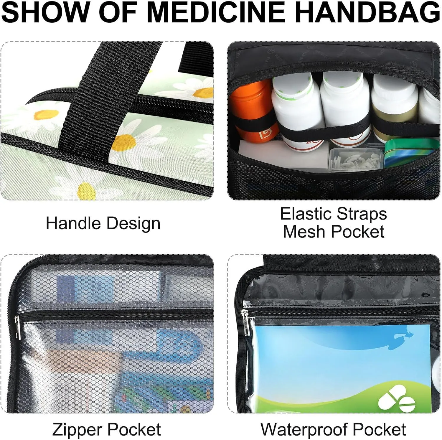 Fustylead Hand Draw Daisy on Light Green Background Large Medical Supplies Organizer Bag with Zipper Empty First Aid Bag Trauma Kit for Traveling Hiking Camping