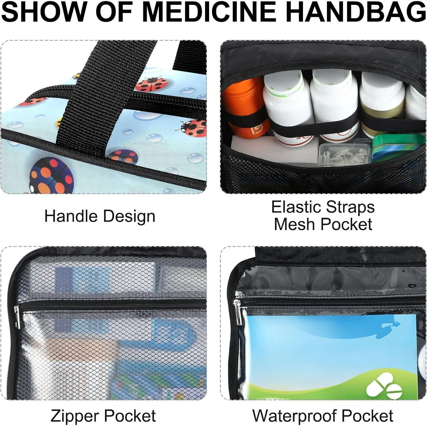 Fustylead Multicolored Ladybugs and Dew Large Medical Storage Bag with Zipper Empty First Aid Bag Trauma Kit for Traveling Hiking Camping Backpacking