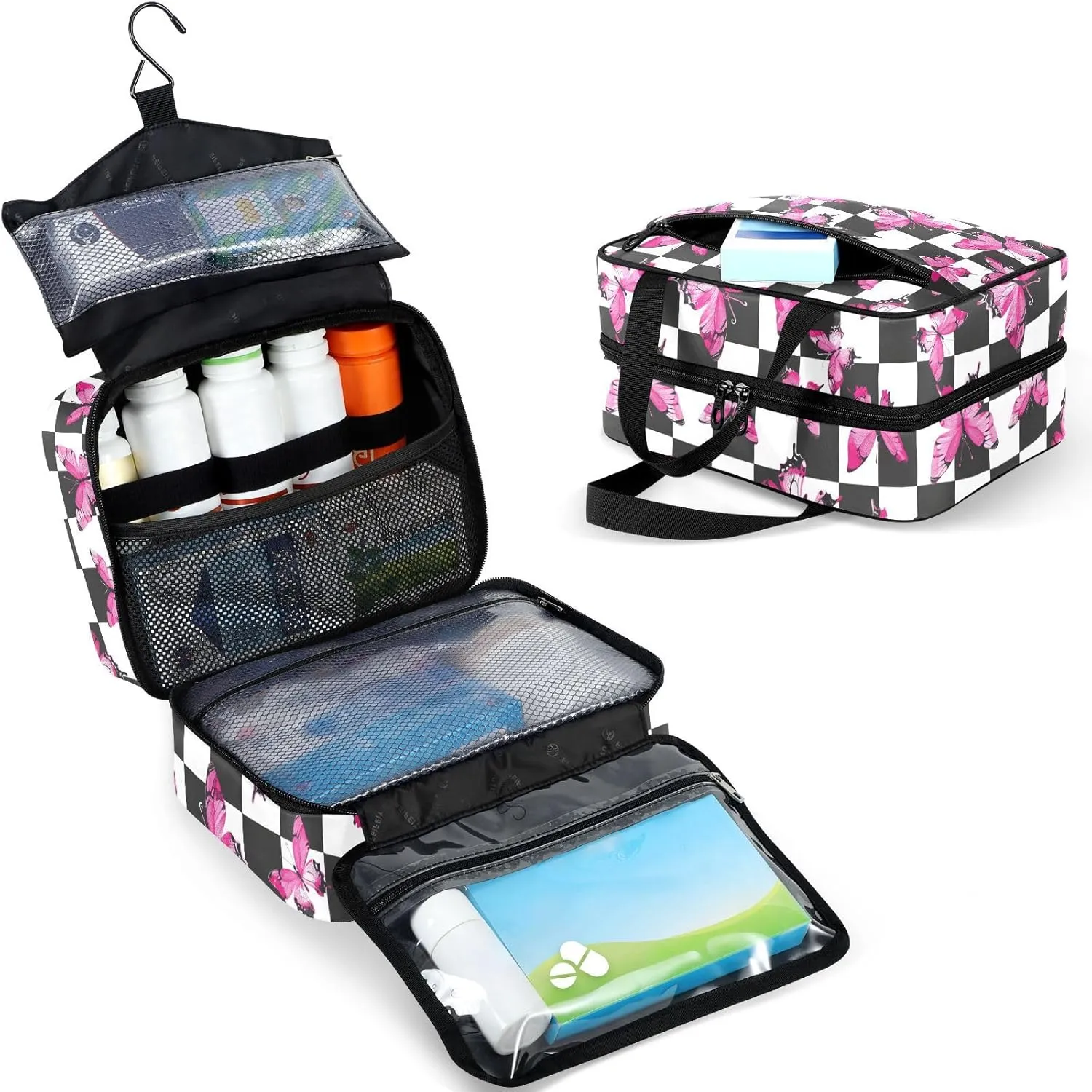 Fustylead Pink Butterflies Print Over Checkers Background Large Medical Supplies Organizer Bag with Zipper Empty First Aid Bag Trauma Kit for Traveling Hiking Camping