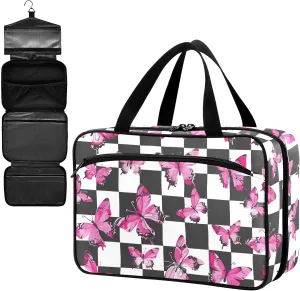 Fustylead Pink Butterflies Print Over Checkers Background Large Medical Supplies Organizer Bag with Zipper Empty First Aid Bag Trauma Kit for Traveling Hiking Camping