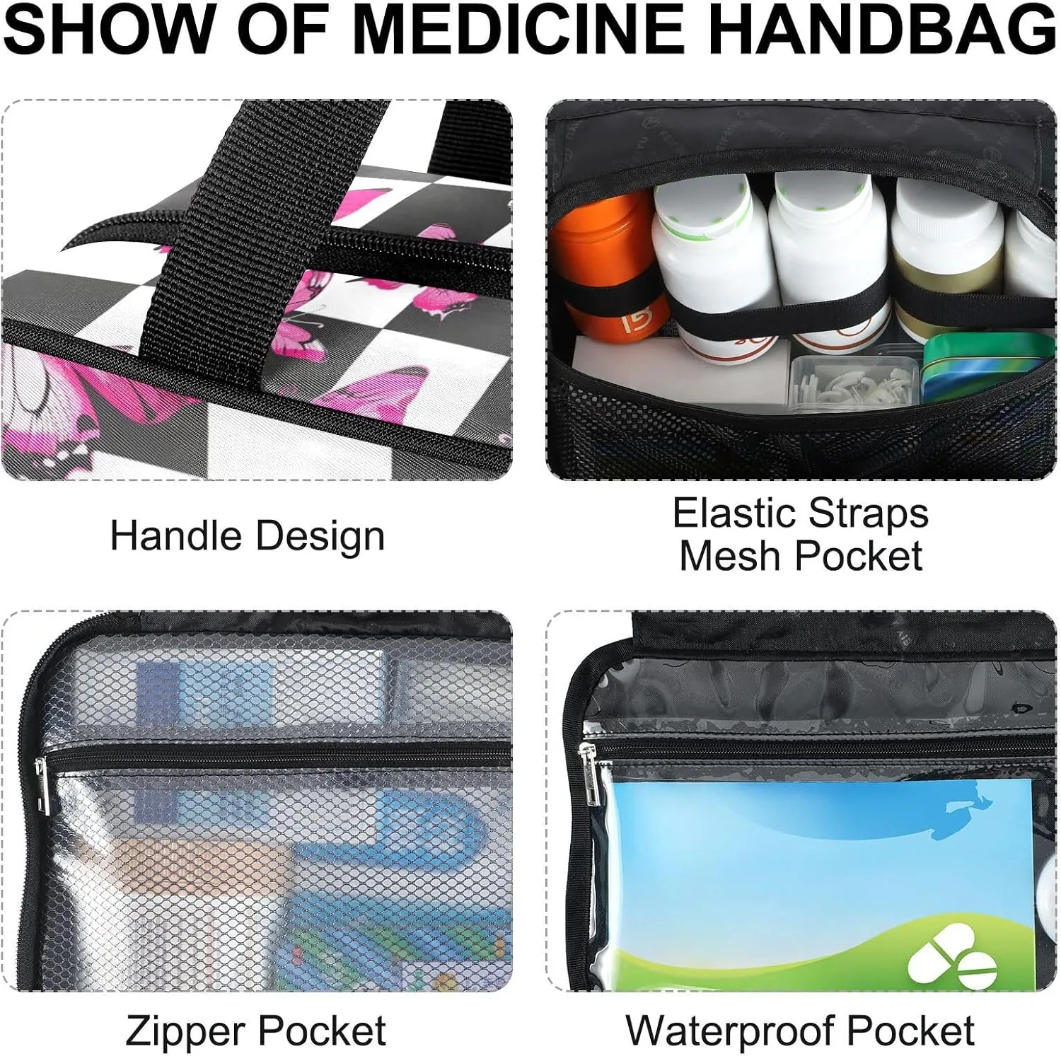 Fustylead Pink Butterflies Print Over Checkers Background Large Medical Supplies Organizer Bag with Zipper Empty First Aid Bag Trauma Kit for Traveling Hiking Camping