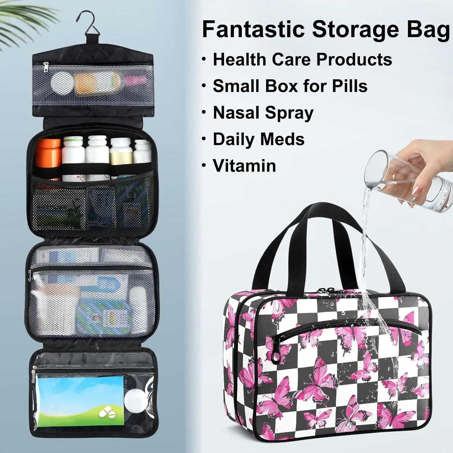 Fustylead Pink Butterflies Print Over Checkers Background Large Medical Supplies Organizer Bag with Zipper Empty First Aid Bag Trauma Kit for Traveling Hiking Camping