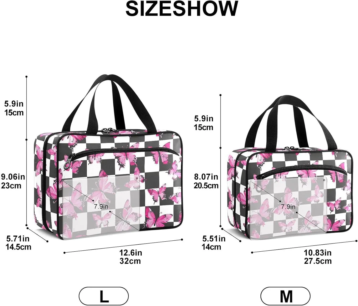 Fustylead Pink Butterflies Print Over Checkers Background Large Medical Supplies Organizer Bag with Zipper Empty First Aid Bag Trauma Kit for Traveling Hiking Camping