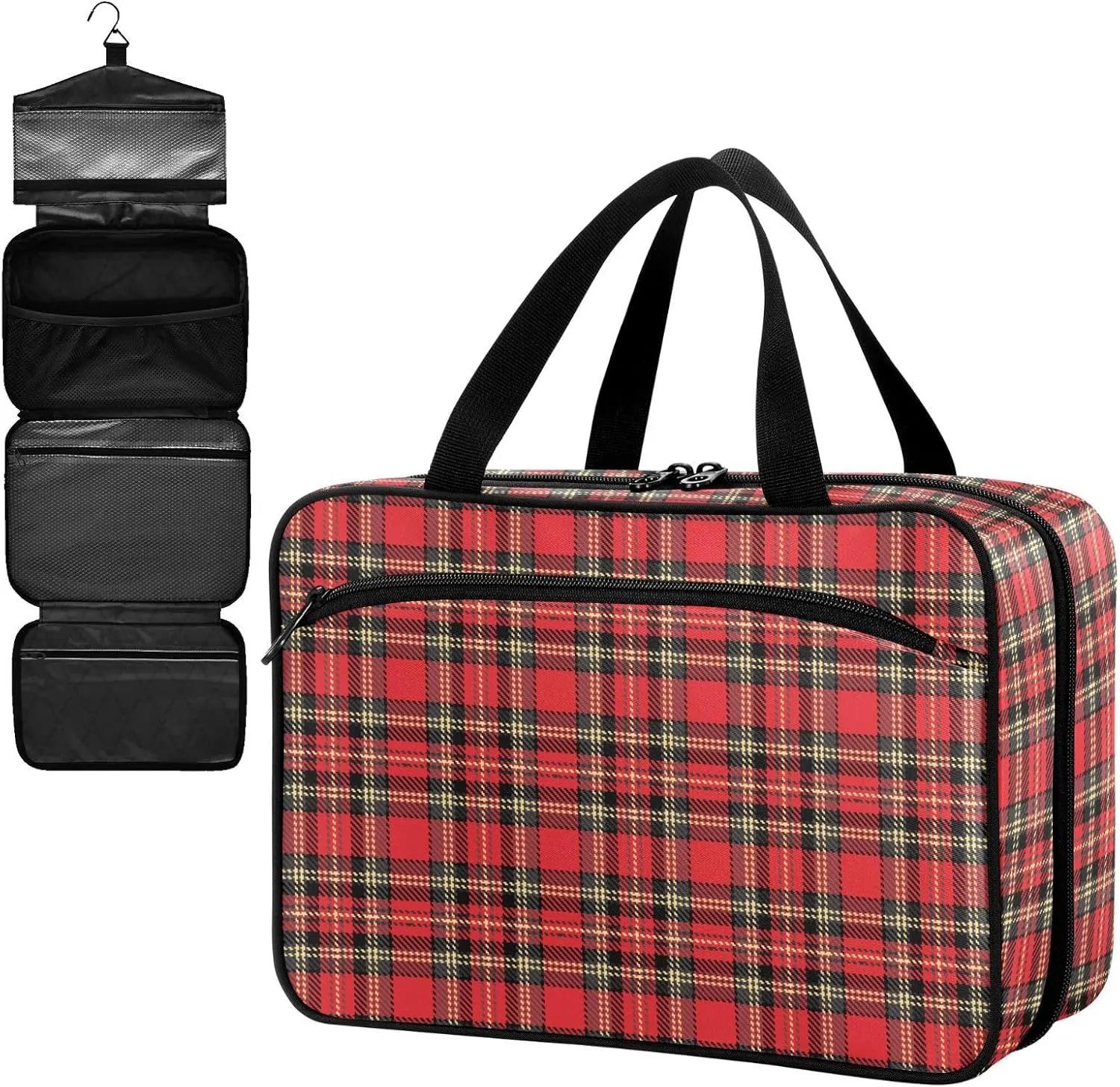 Fustylead Red Plaid Large Medical Supplies Organizer Bag with Zipper Empty First Aid Bag Trauma Kit for Traveling Hiking Camping