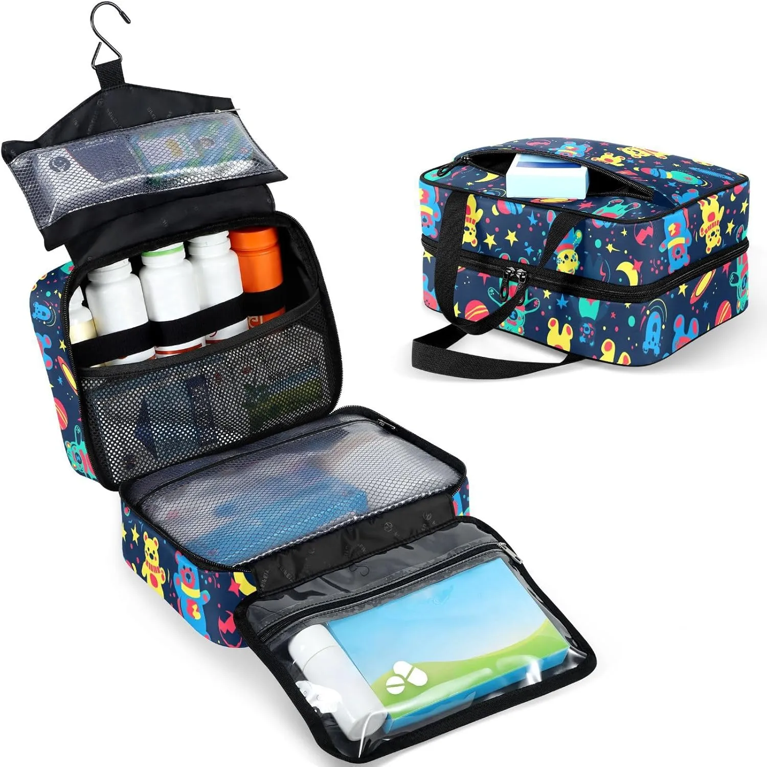 Fustylead Vibrant Colorful Space Bears and Moon Stars Large Medical Supplies Organizer Bag with Zipper Empty First Aid Bag Trauma Kit for Traveling Hiking Camping