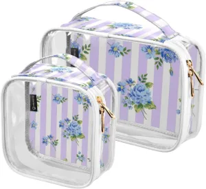 GAIGEO Blue Rose Stripes Clear Toiletry Bag Set, Zipper Clear Toiletry Bag, Travel Accessories Bags, 2 Pack