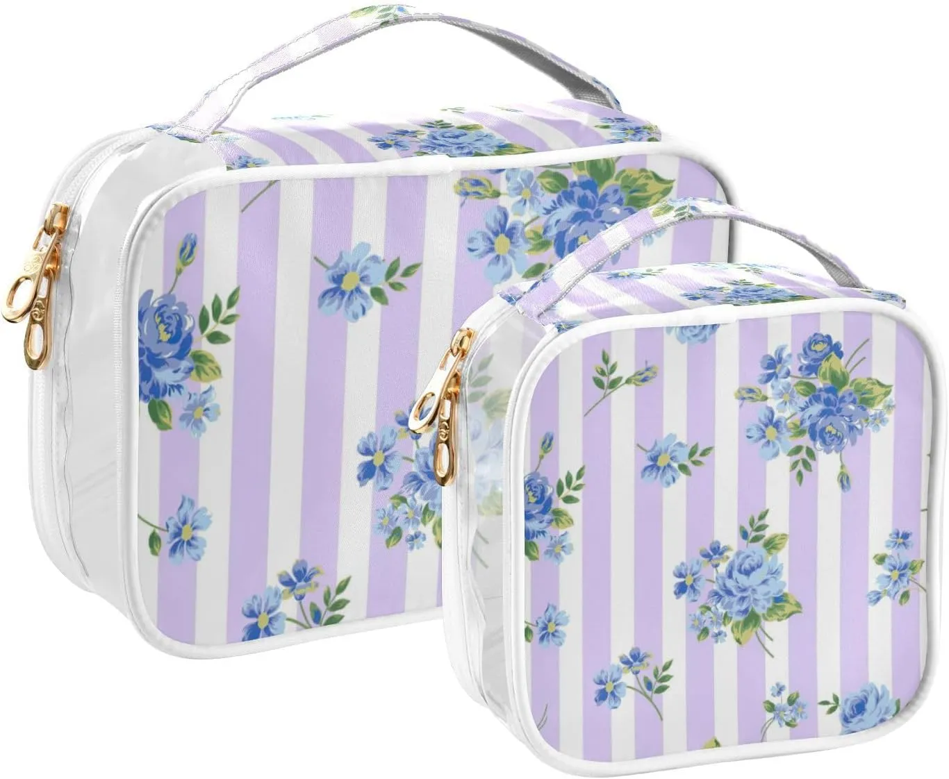 GAIGEO Blue Rose Stripes Clear Toiletry Bag Set, Zipper Clear Toiletry Bag, Travel Accessories Bags, 2 Pack