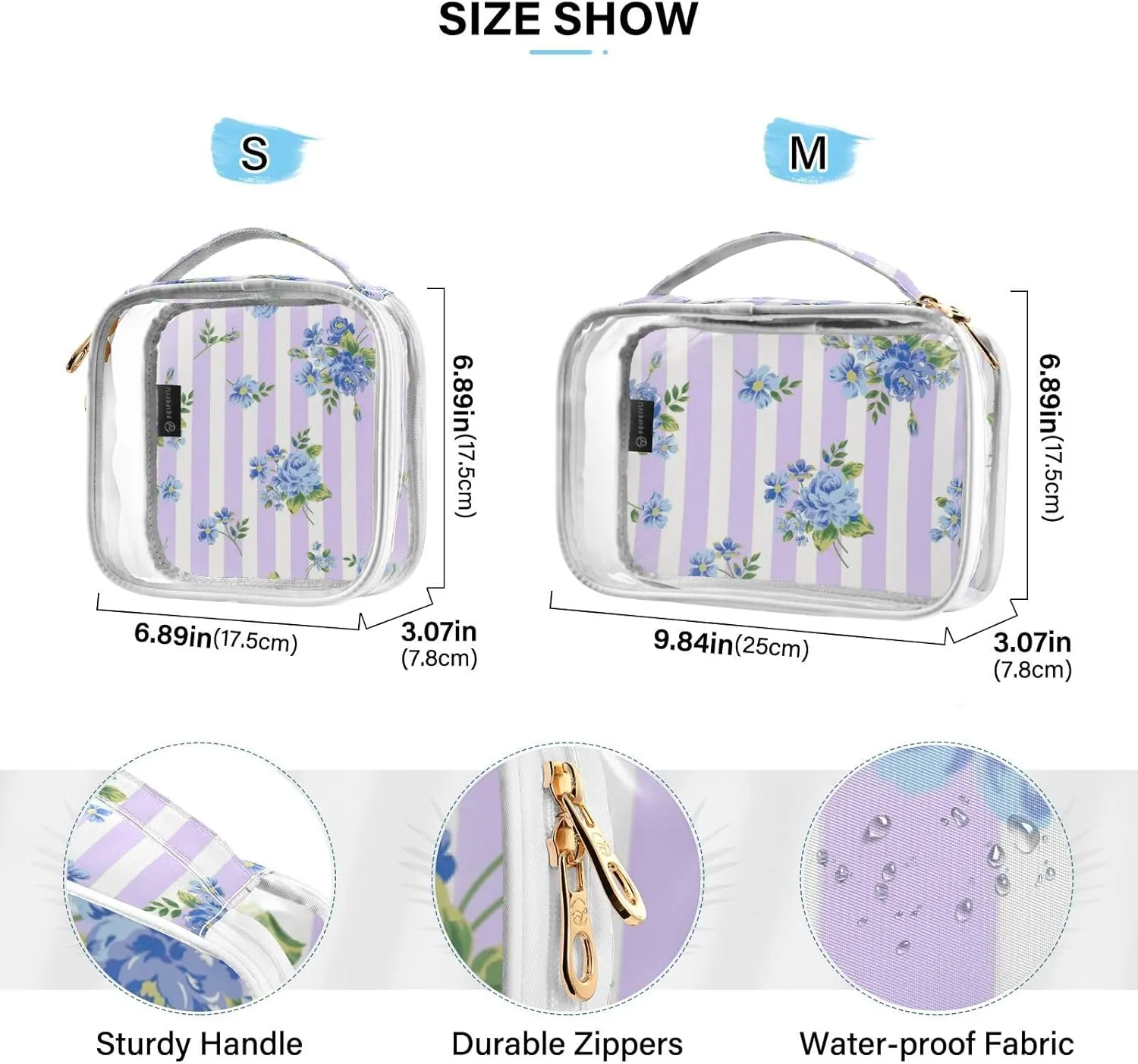 GAIGEO Blue Rose Stripes Clear Toiletry Bag Set, Zipper Clear Toiletry Bag, Travel Accessories Bags, 2 Pack