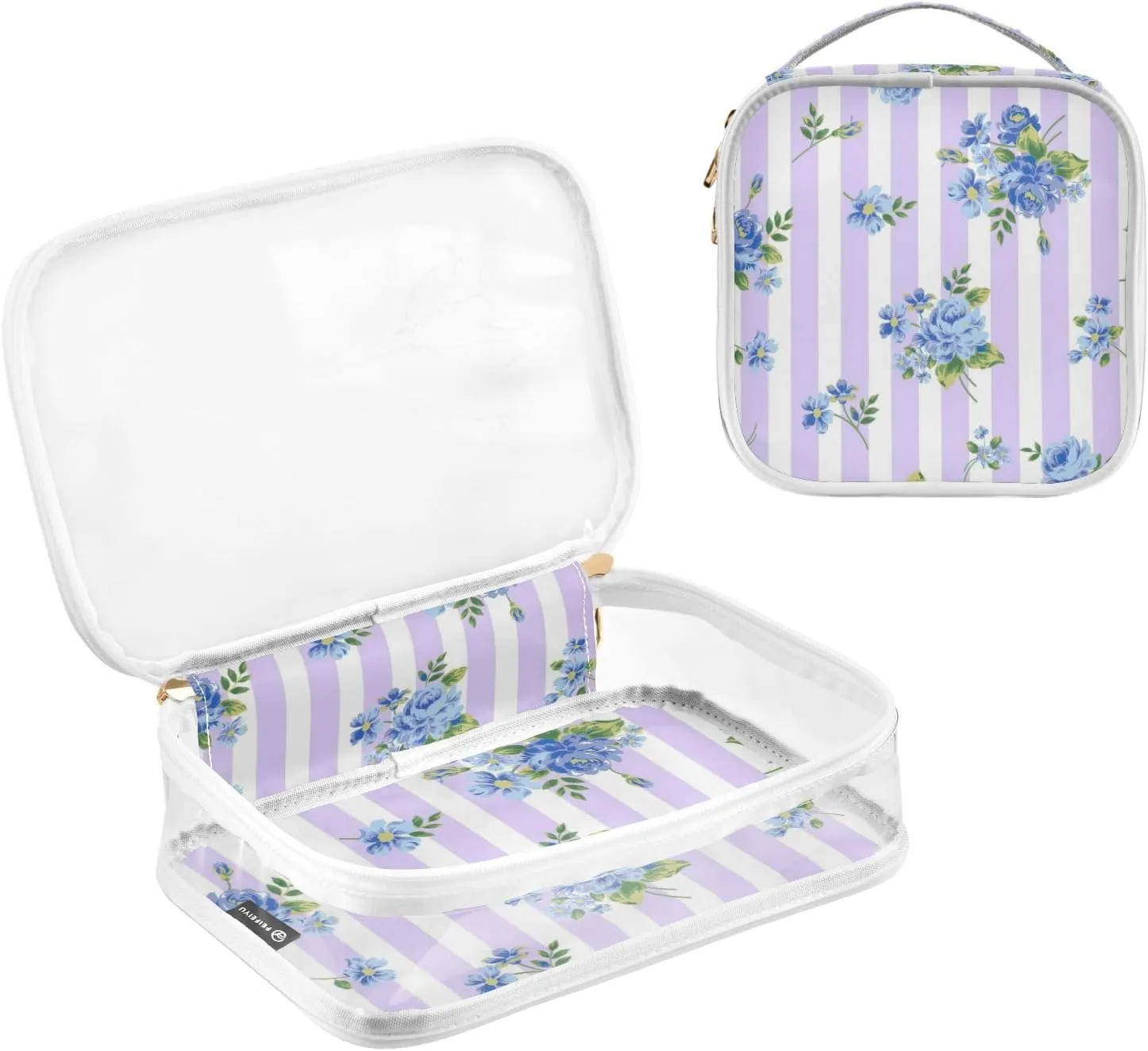 GAIGEO Blue Rose Stripes Clear Toiletry Bag Set, Zipper Clear Toiletry Bag, Travel Accessories Bags, 2 Pack