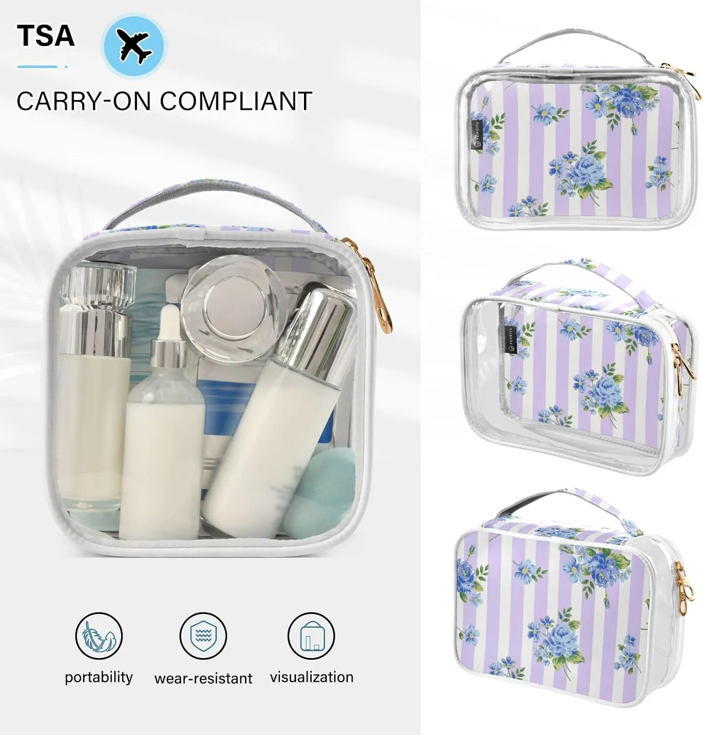 GAIGEO Blue Rose Stripes Clear Toiletry Bag Set, Zipper Clear Toiletry Bag, Travel Accessories Bags, 2 Pack