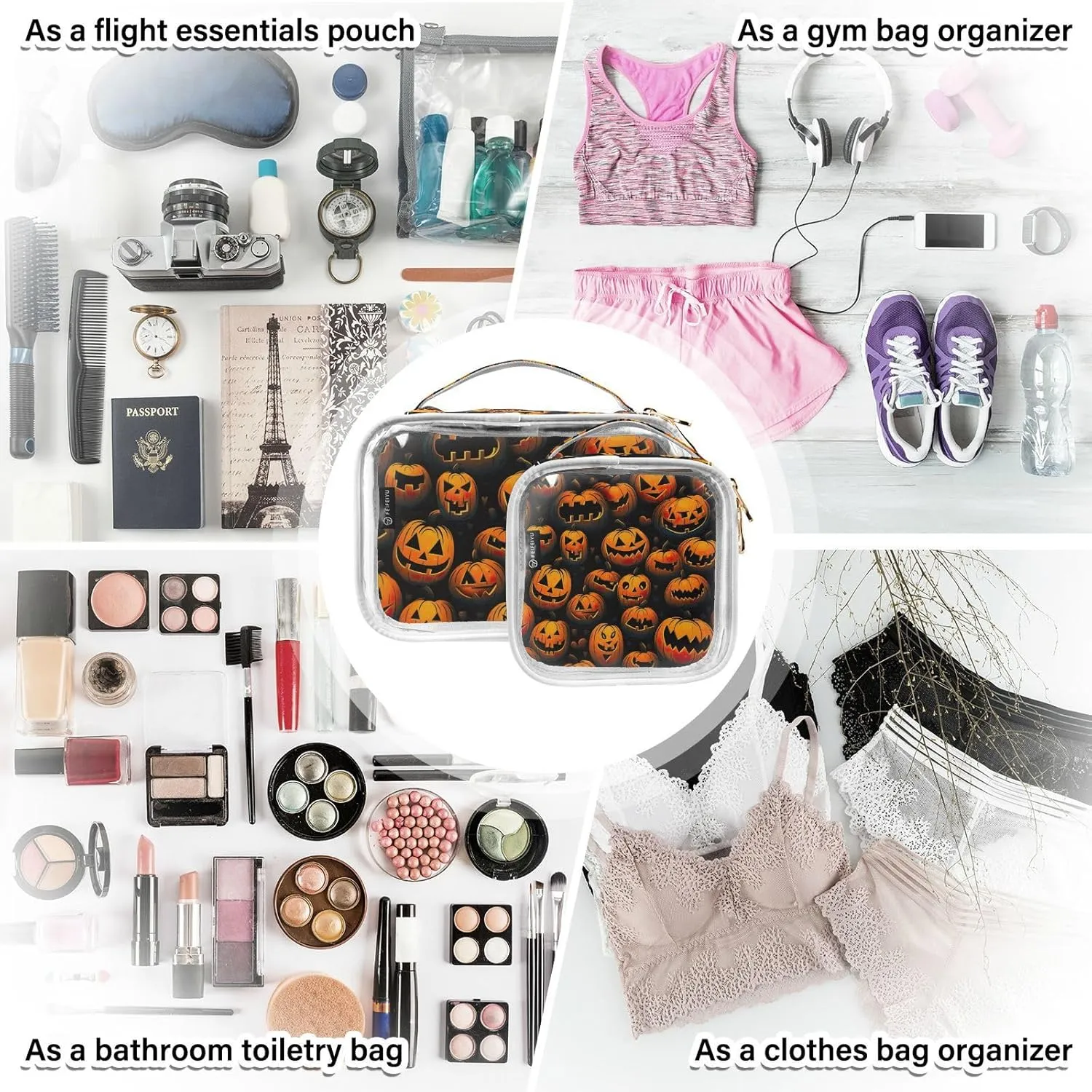 GAIGEO Halloween Pumpkin 2 Pack Travel Transparent Bag, Clear Toiletry Bag Traveling, Beauty Toiletry Bag