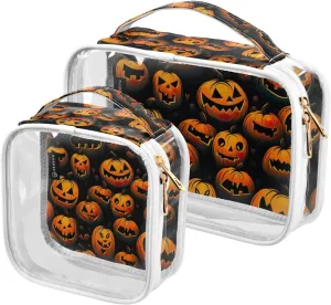 GAIGEO Halloween Pumpkin 2 Pack Travel Transparent Bag, Clear Toiletry Bag Traveling, Beauty Toiletry Bag