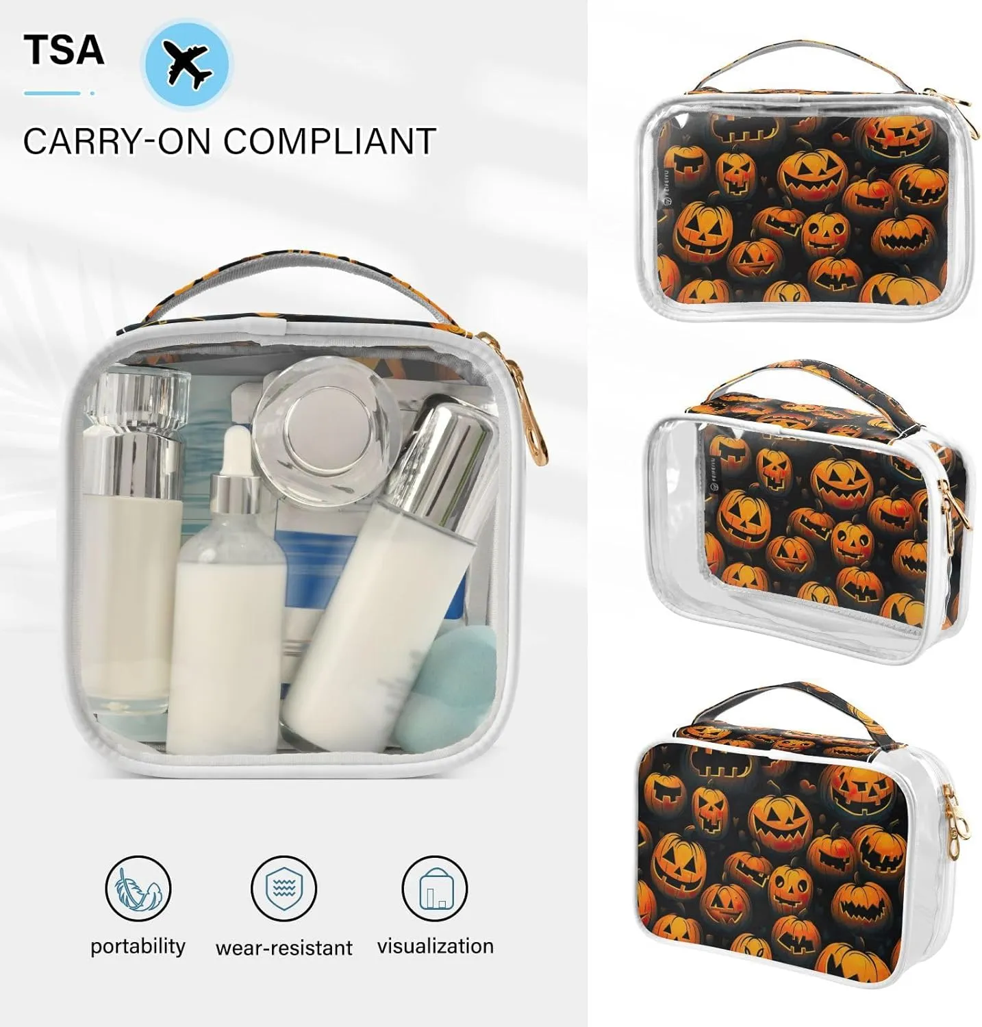 GAIGEO Halloween Pumpkin 2 Pack Travel Transparent Bag, Clear Toiletry Bag Traveling, Beauty Toiletry Bag