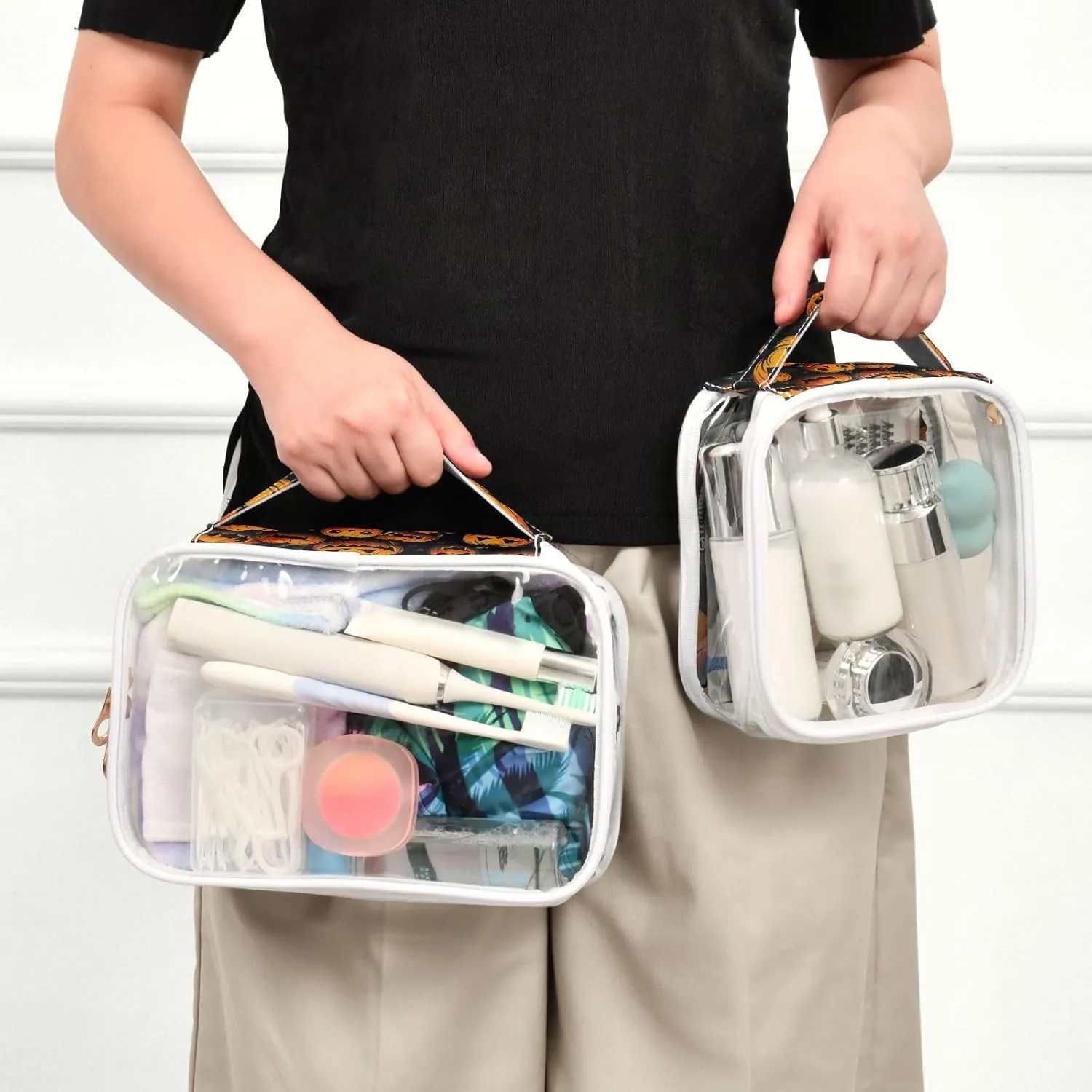 GAIGEO Halloween Pumpkin 2 Pack Travel Transparent Bag, Clear Toiletry Bag Traveling, Beauty Toiletry Bag