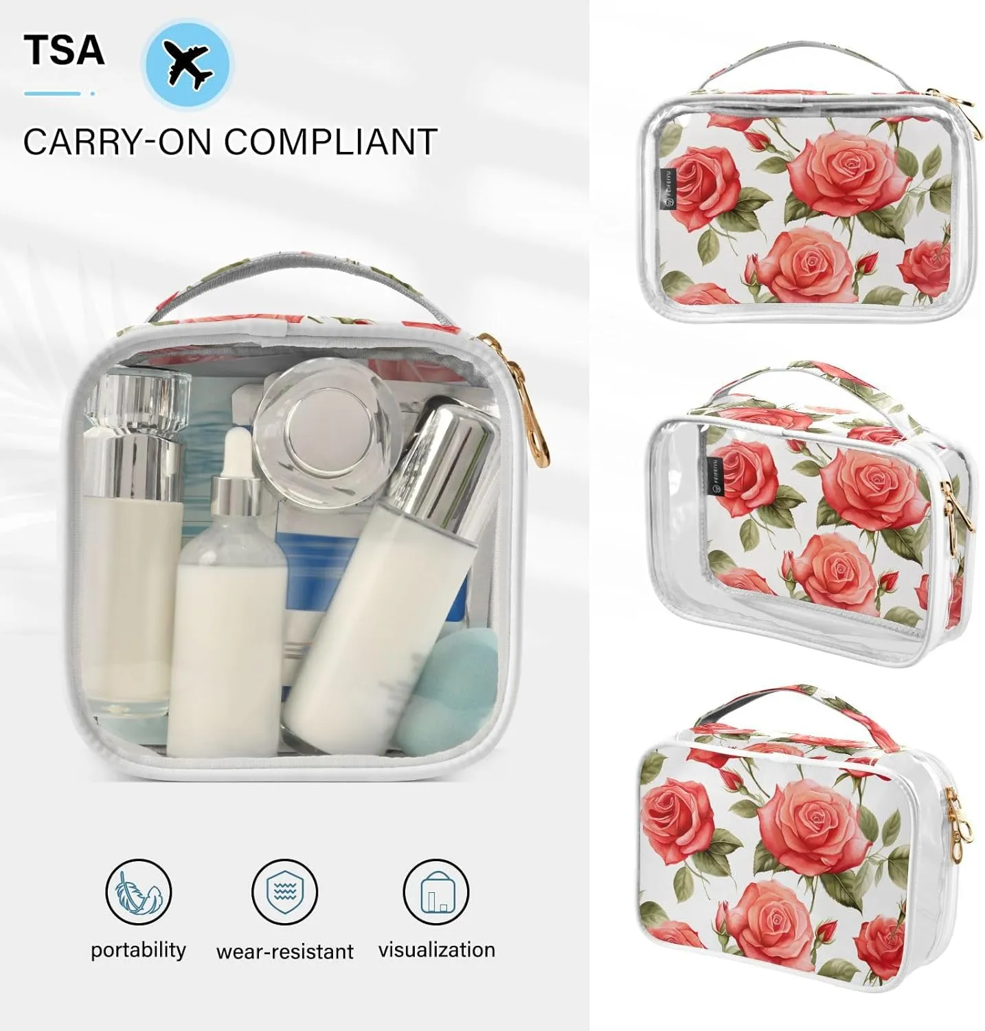 GAIGEO Red Roses Watercolor Travel Transparent Bag, Transparent Toiletry Bag, Transparent Makeup Bags for Women, 2 Pack