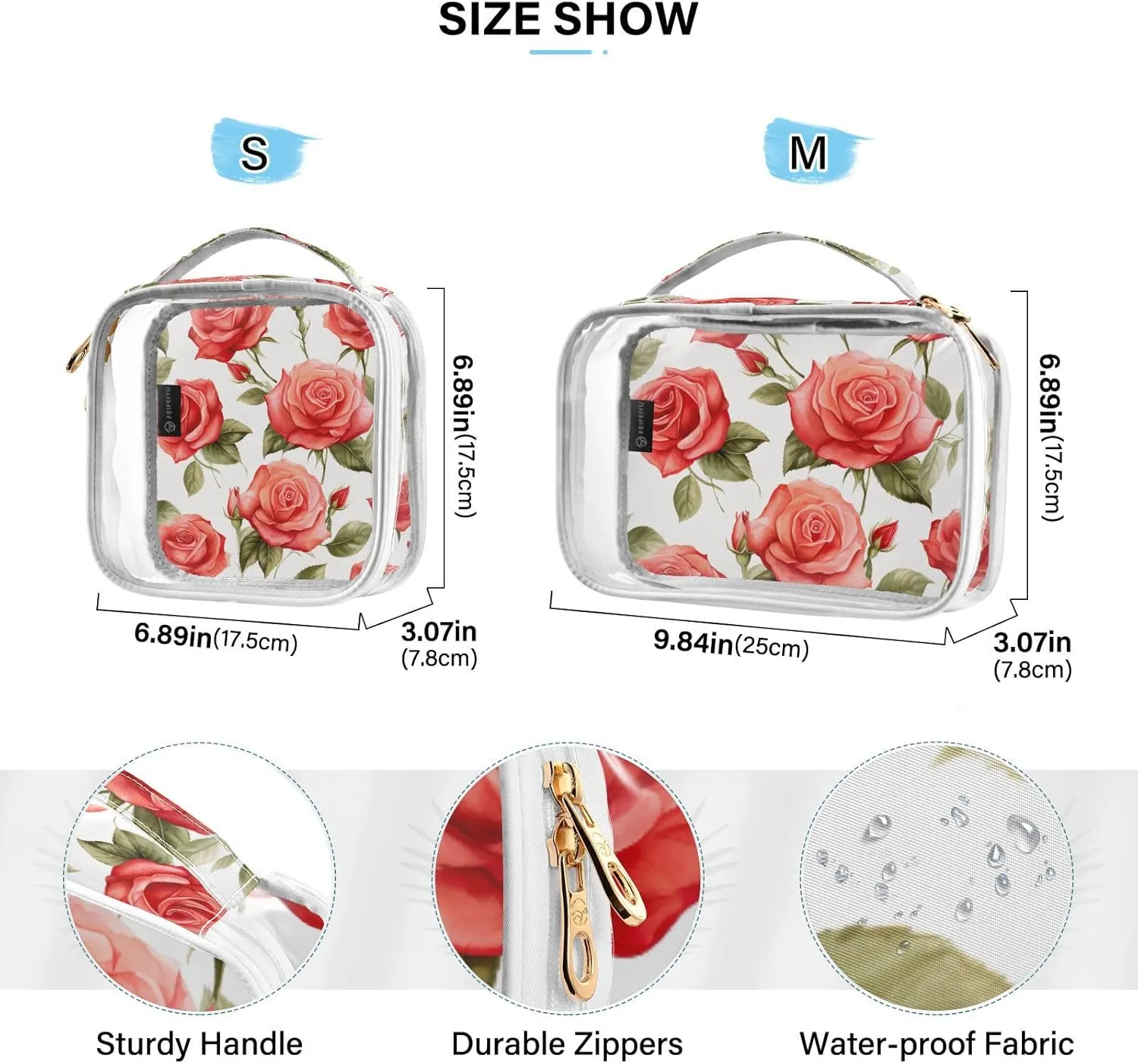 GAIGEO Red Roses Watercolor Travel Transparent Bag, Transparent Toiletry Bag, Transparent Makeup Bags for Women, 2 Pack