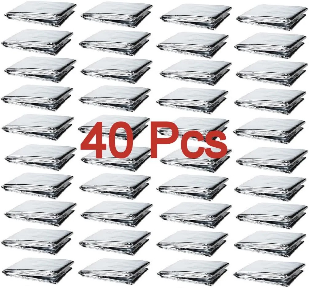 GALAXYLENSE 40 Packs Thermal Mylar Blanket Emergency for Survival First Aid Kits Army Outdoors Hiking Camping Bug Out Trauma Desert All Weather Condition Protection Silver Color
