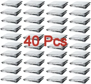 GALAXYLENSE 40 Packs Thermal Mylar Blanket Emergency for Survival First Aid Kits Army Outdoors Hiking Camping Bug Out Trauma Desert All Weather Condition Protection Silver Color