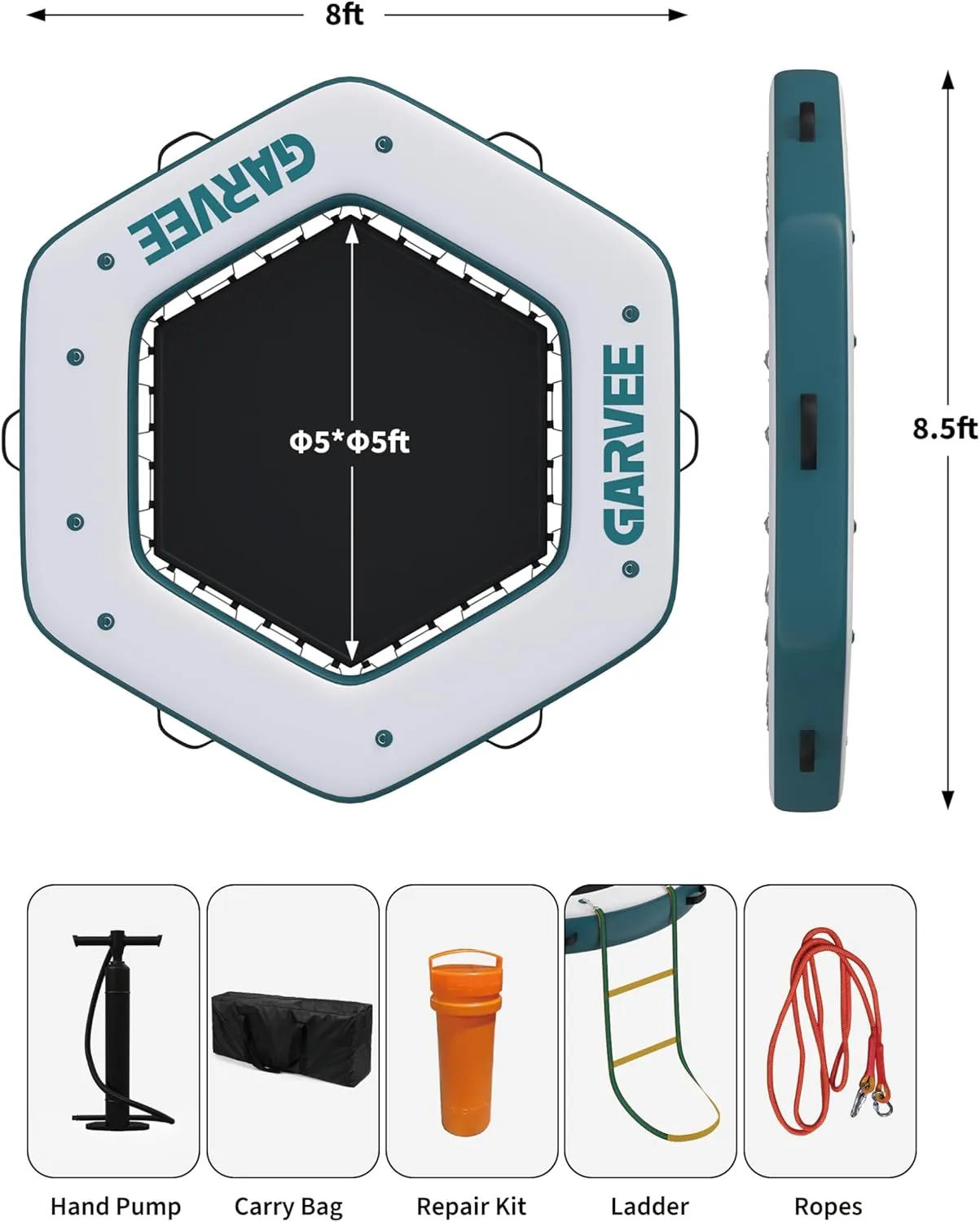 GAOMON 8.5x8FT Inflatable Floating Dock,Hexagon Inflatable Dock Floating Platform with Mesh Swim Area,Non-Slip EVA Platform and Rope Ladder, Pool, Lake, Beach, Ocean