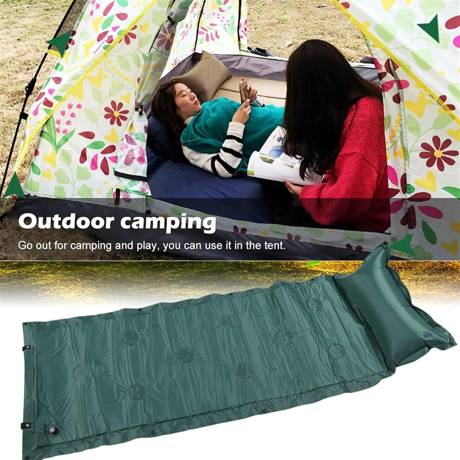 GaRcan Camping Roll Mat Sleeping Bed Inflatable Pillow Air Mattress Bag Camping Pad Picnic Beach Mat Sand Mat Beautiful Scenery (Green 183cm (with Pillow))