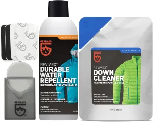 GEAR AID Revivex Down Care Kit for Jackets and Sleeping Bags, with Down Cleaner, Water Repellent and Repair Patches, Clear, 10 oz cleaner, 10.5 oz DWR, 1.5" x 2.5" patches