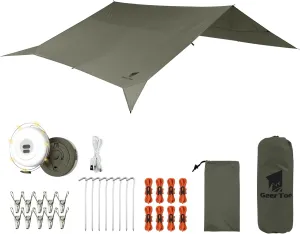 GEERTOP Portable Large 17 x 10 ft Waterproof Backpacking Tarp with10M LED String Lights Outdoor Emergency Tarp Kit for Camping