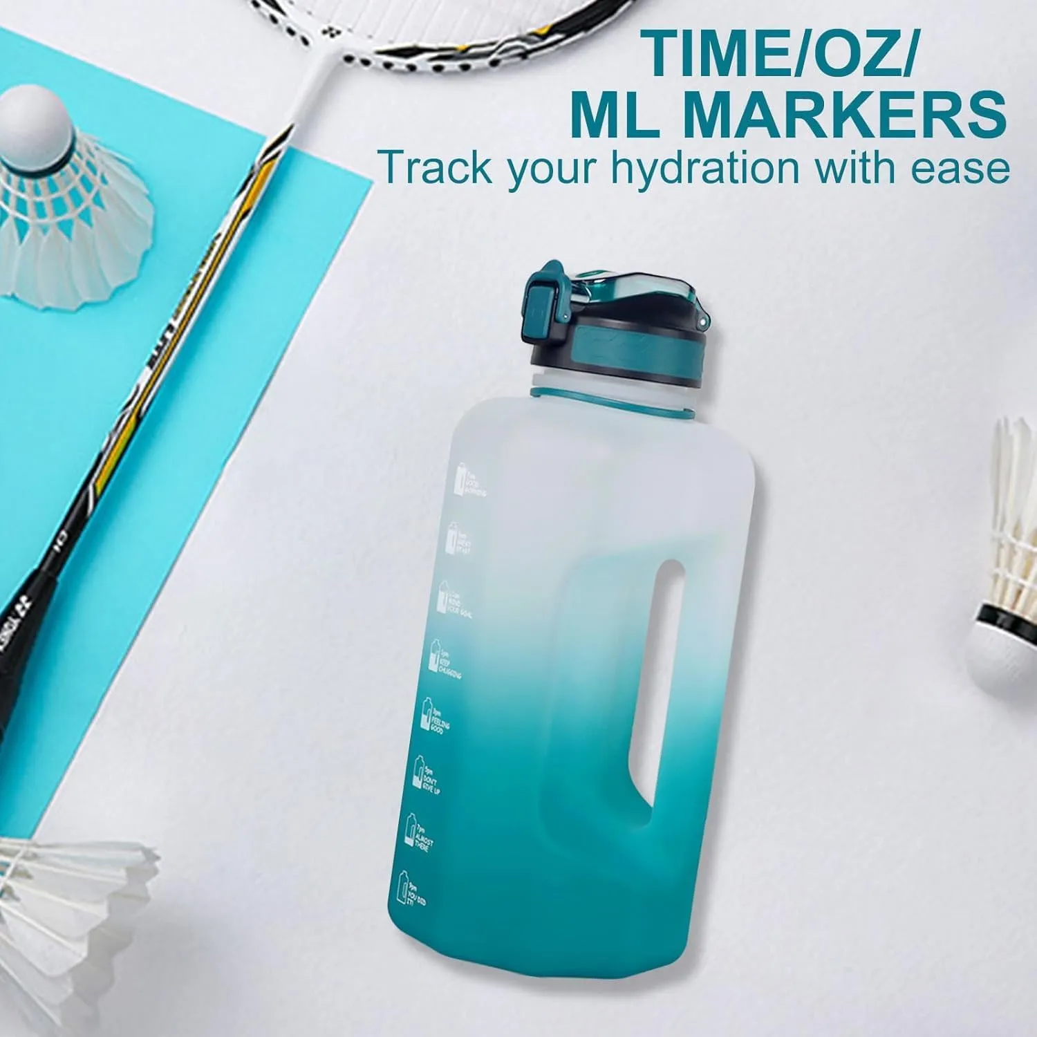 GEMFUL 2.2L Motivational Water Bottle with Straw & Measurements BPA-Free Half Gallon Jug for Gym Fitness Leakproof with Handle (Cyan)