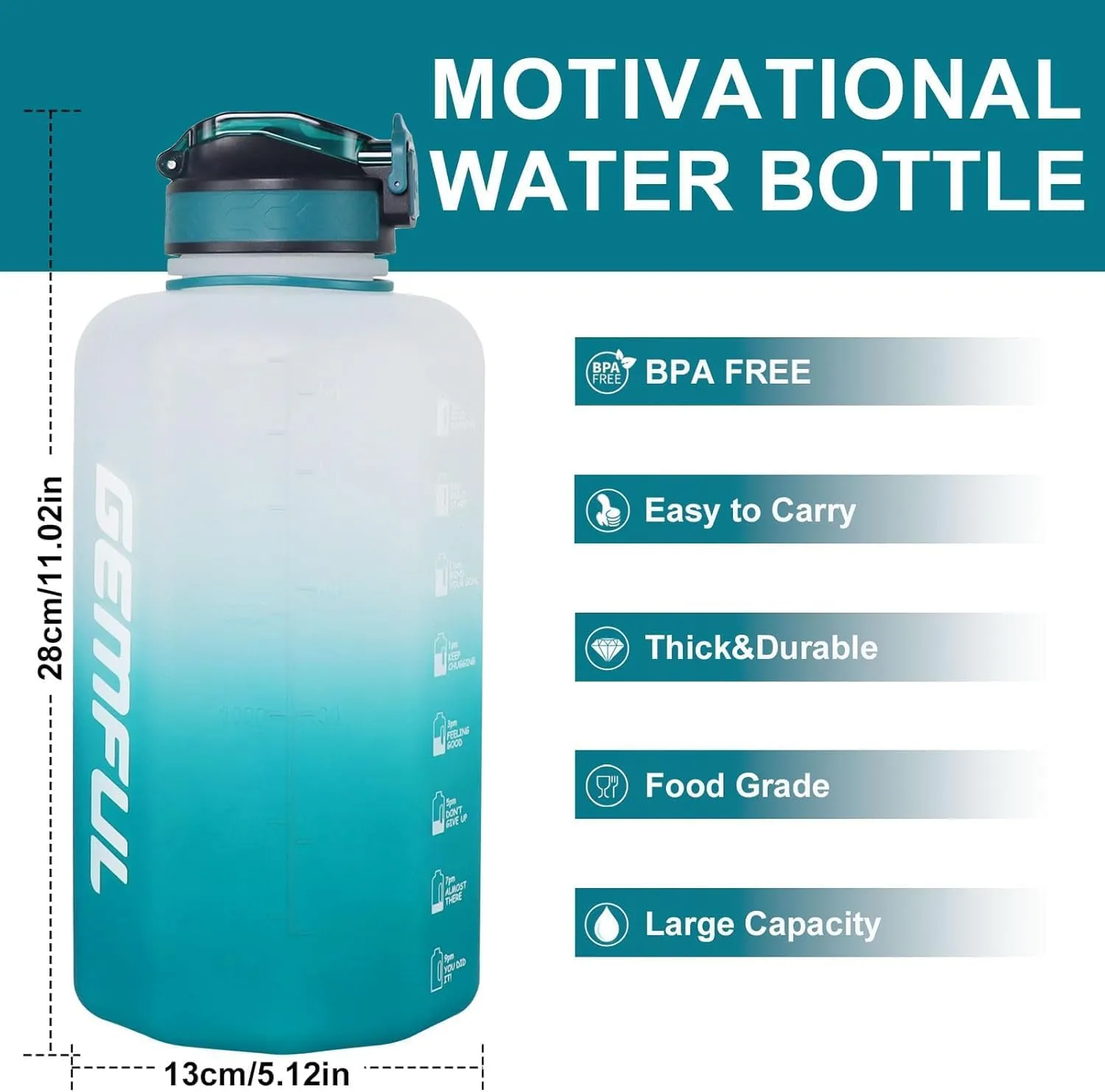GEMFUL 2.2L Motivational Water Bottle with Straw & Measurements BPA-Free Half Gallon Jug for Gym Fitness Leakproof with Handle (Cyan)