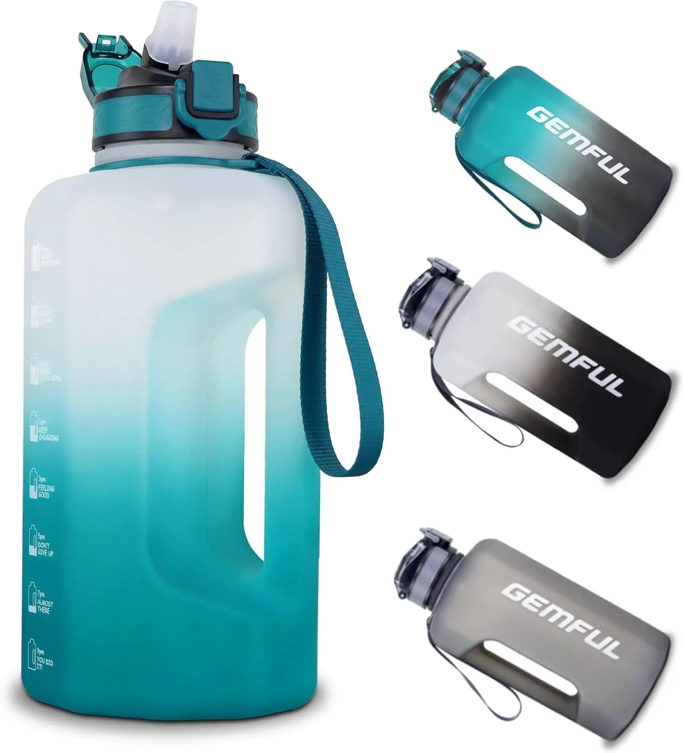 GEMFUL 2.2L Motivational Water Bottle with Straw & Measurements BPA-Free Half Gallon Jug for Gym Fitness Leakproof with Handle (Cyan)