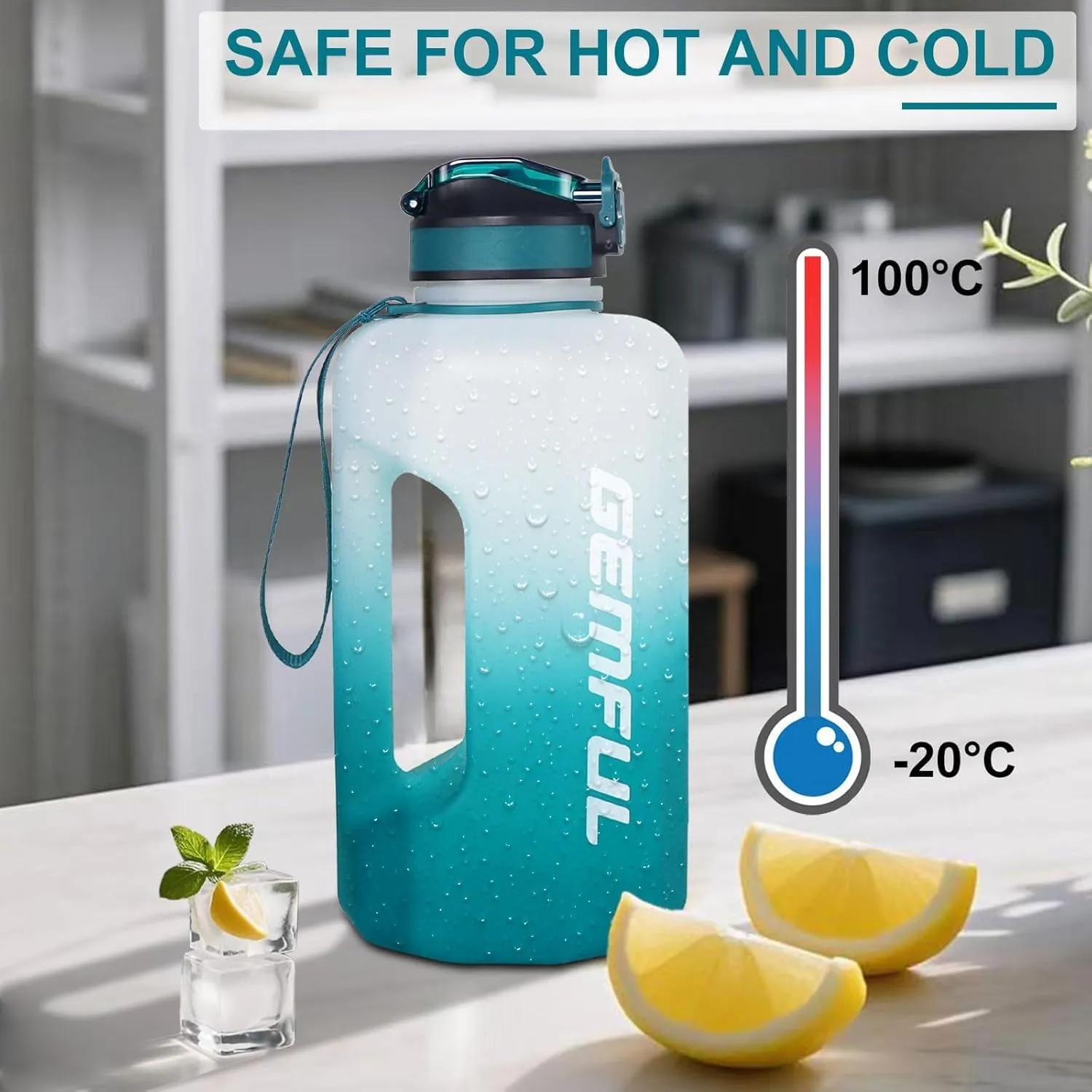 GEMFUL 2.2L Motivational Water Bottle with Straw & Measurements BPA-Free Half Gallon Jug for Gym Fitness Leakproof with Handle (Cyan)