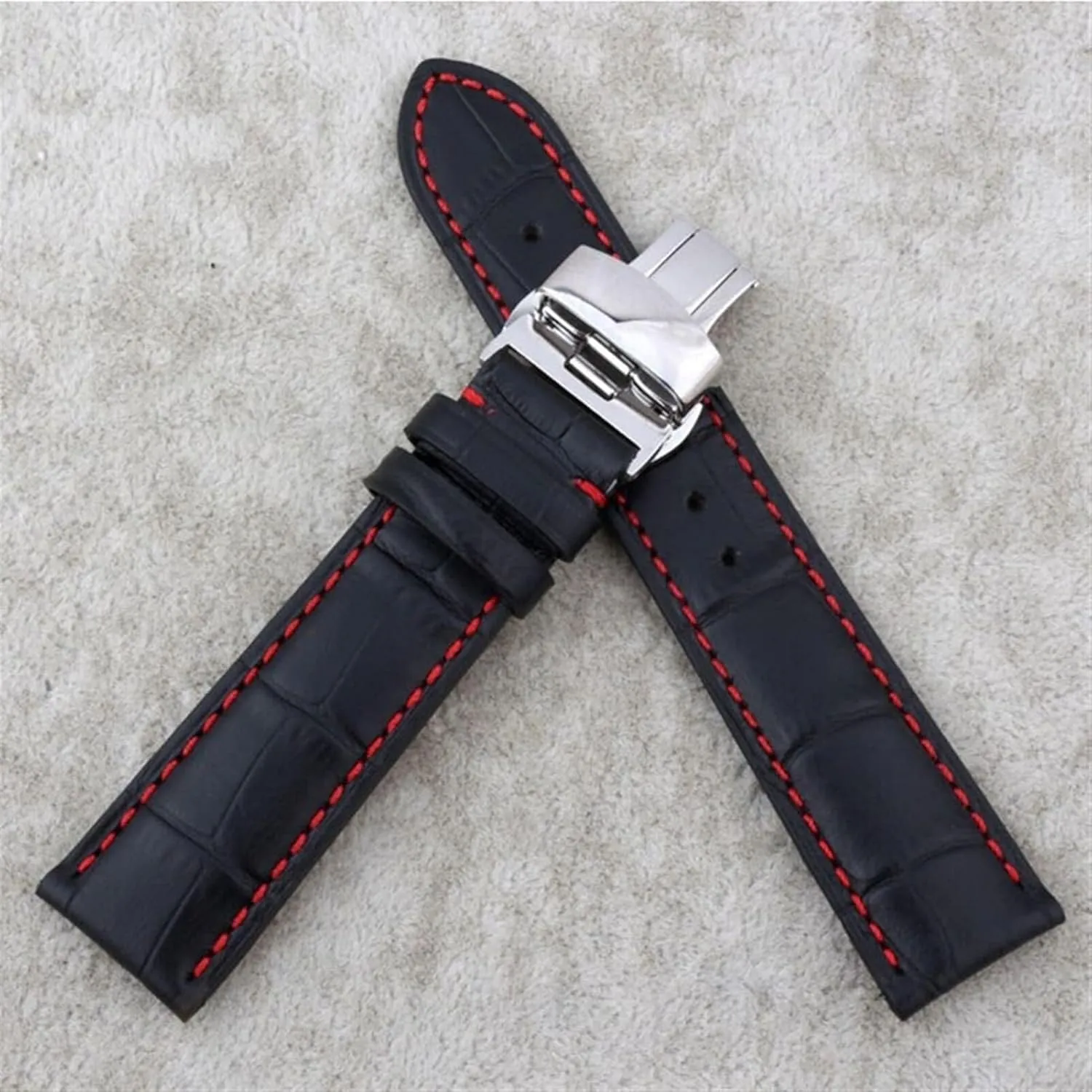 Genuine Leather watch Strap for Any Brand watchband Black with red Stitches watchband