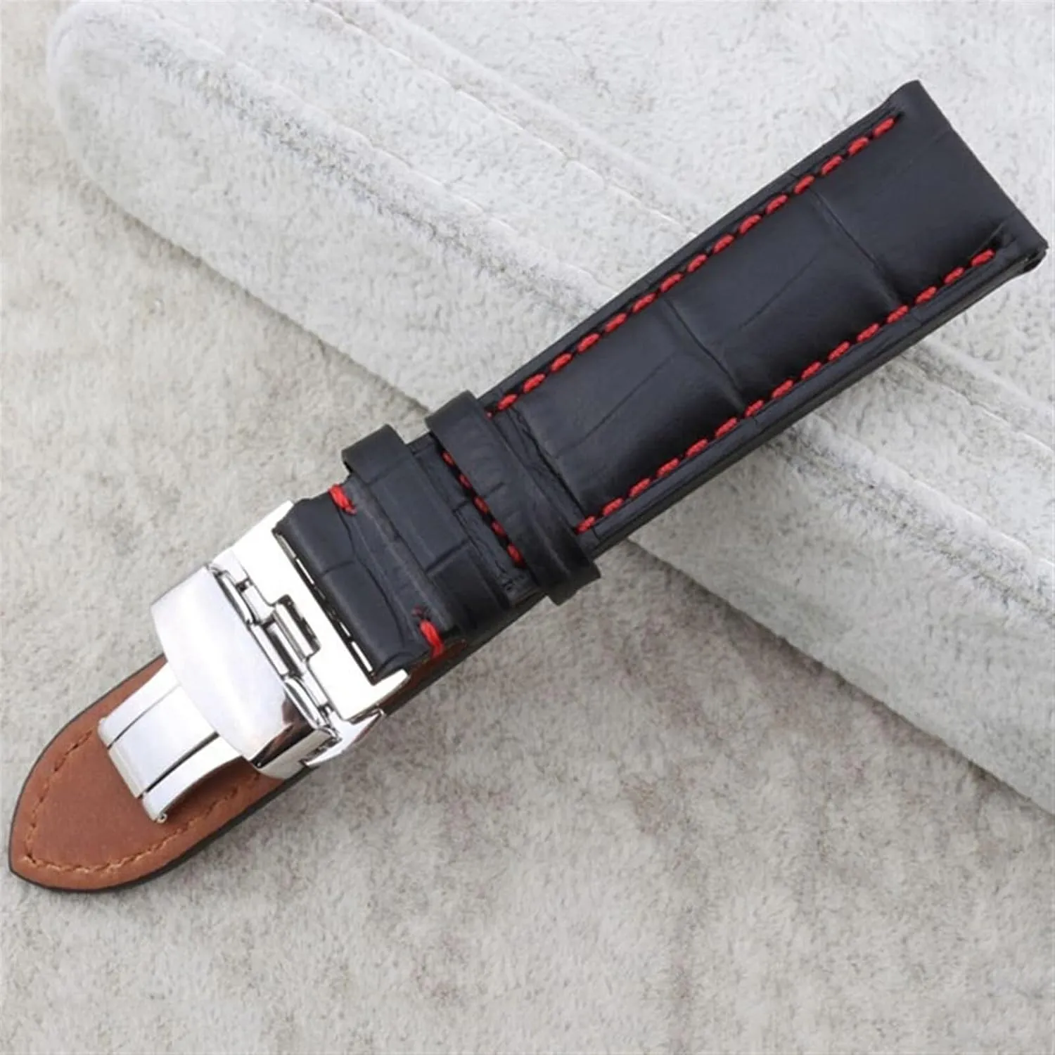 Genuine Leather watch Strap for Any Brand watchband Black with red Stitches watchband