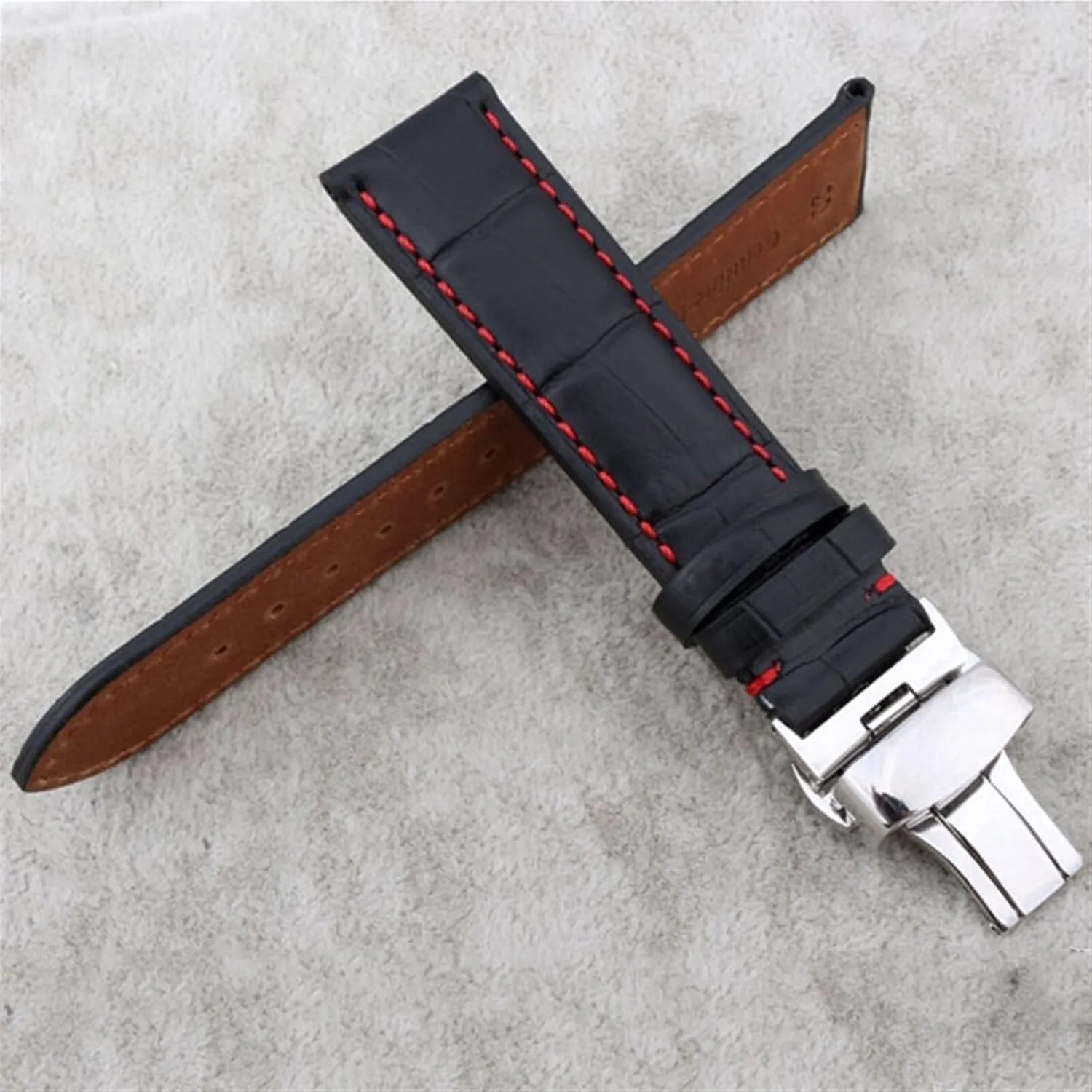 Genuine Leather watch Strap for Any Brand watchband Black with red Stitches watchband