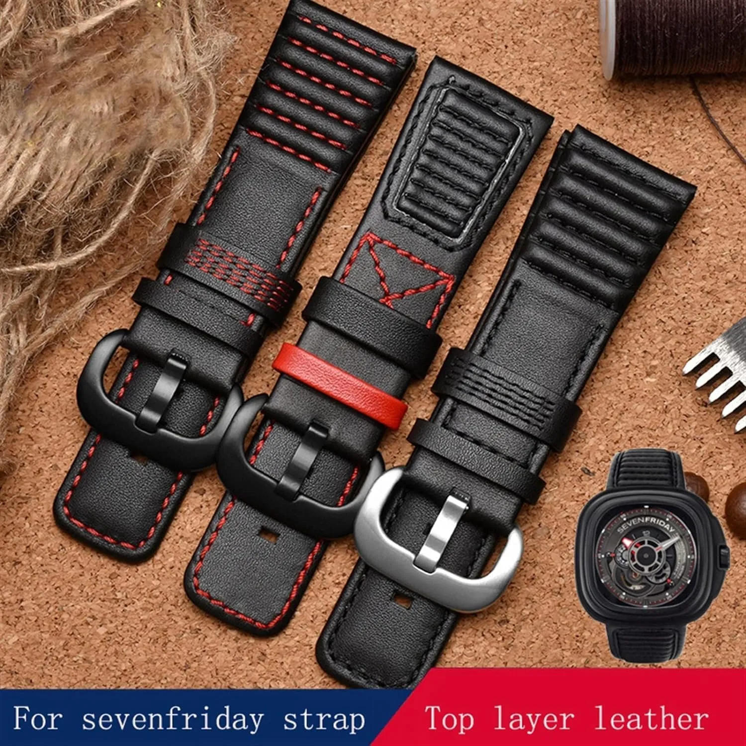 Genuine Leather with Stitches Wrist Watchband Loops watchband for Sevenfriday P3B/01 S2/01 Men Watch Strap