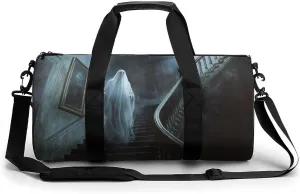 Ghost Floating Down The Stairs of An Old Mansion Travel Gym Bag for Women Men Halloween Cylindrical Duffle Bag Sport Workout Bag with Shoulder Strap