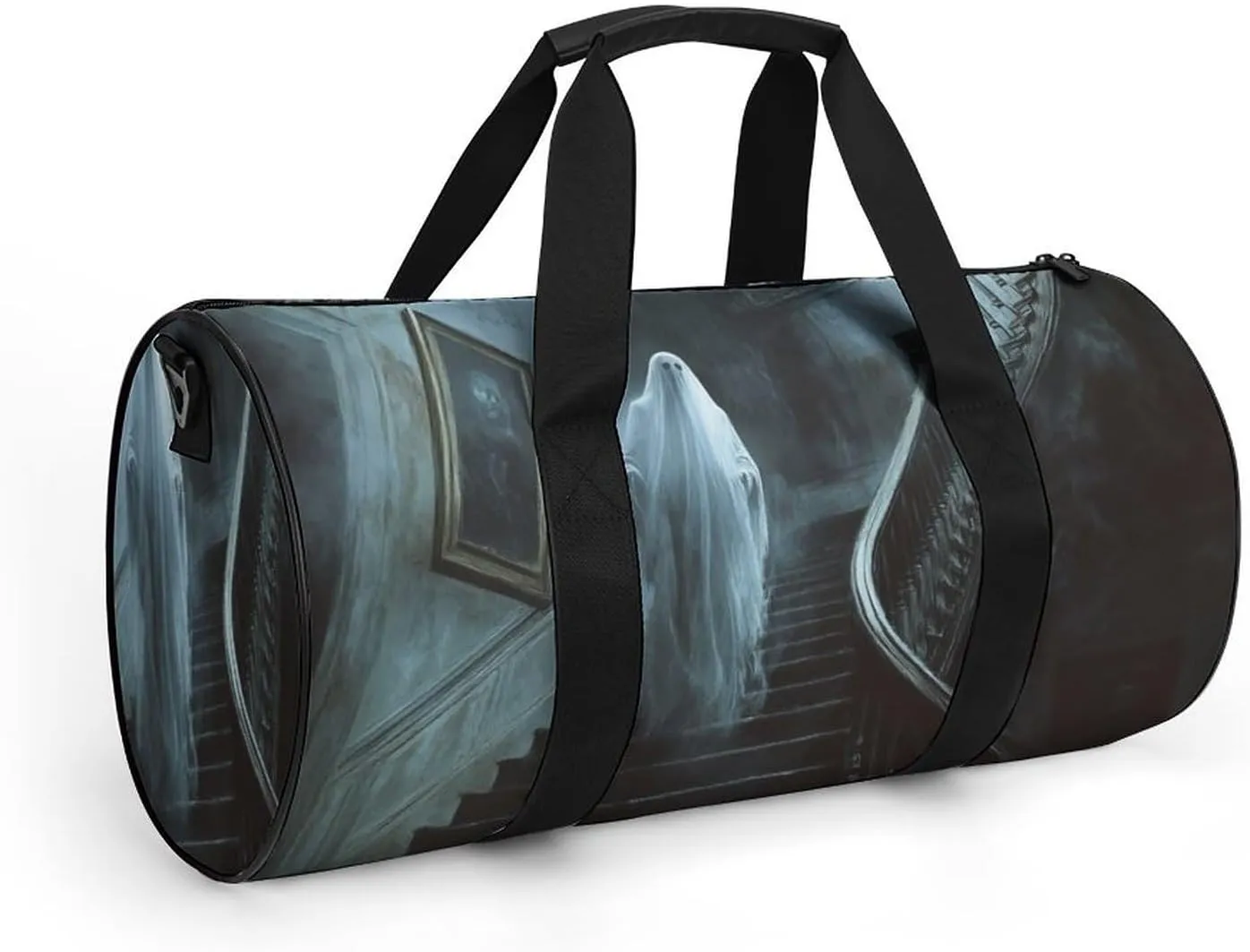 Ghost Floating Down The Stairs of An Old Mansion Travel Gym Bag for Women Men Halloween Cylindrical Duffle Bag Sport Workout Bag with Shoulder Strap