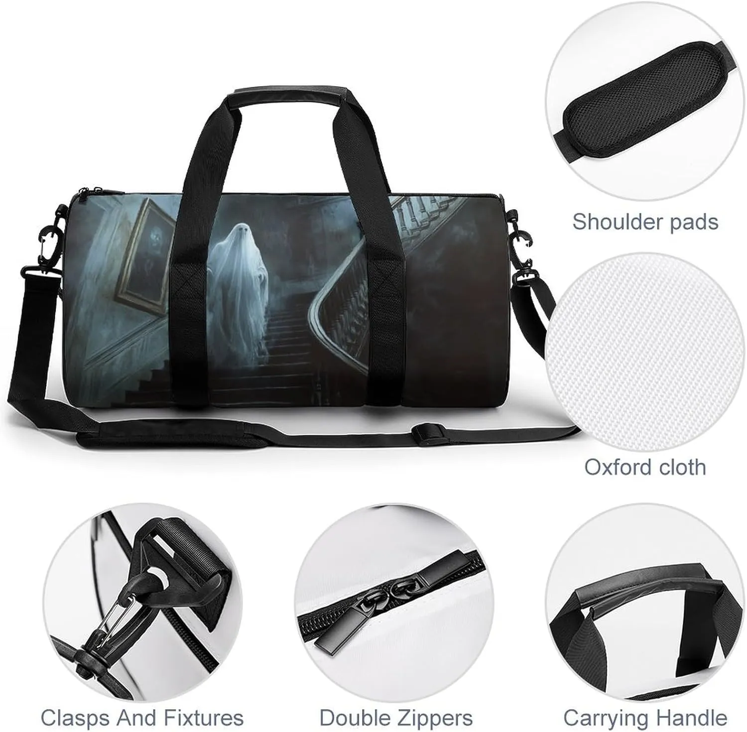 Ghost Floating Down The Stairs of An Old Mansion Travel Gym Bag for Women Men Halloween Cylindrical Duffle Bag Sport Workout Bag with Shoulder Strap