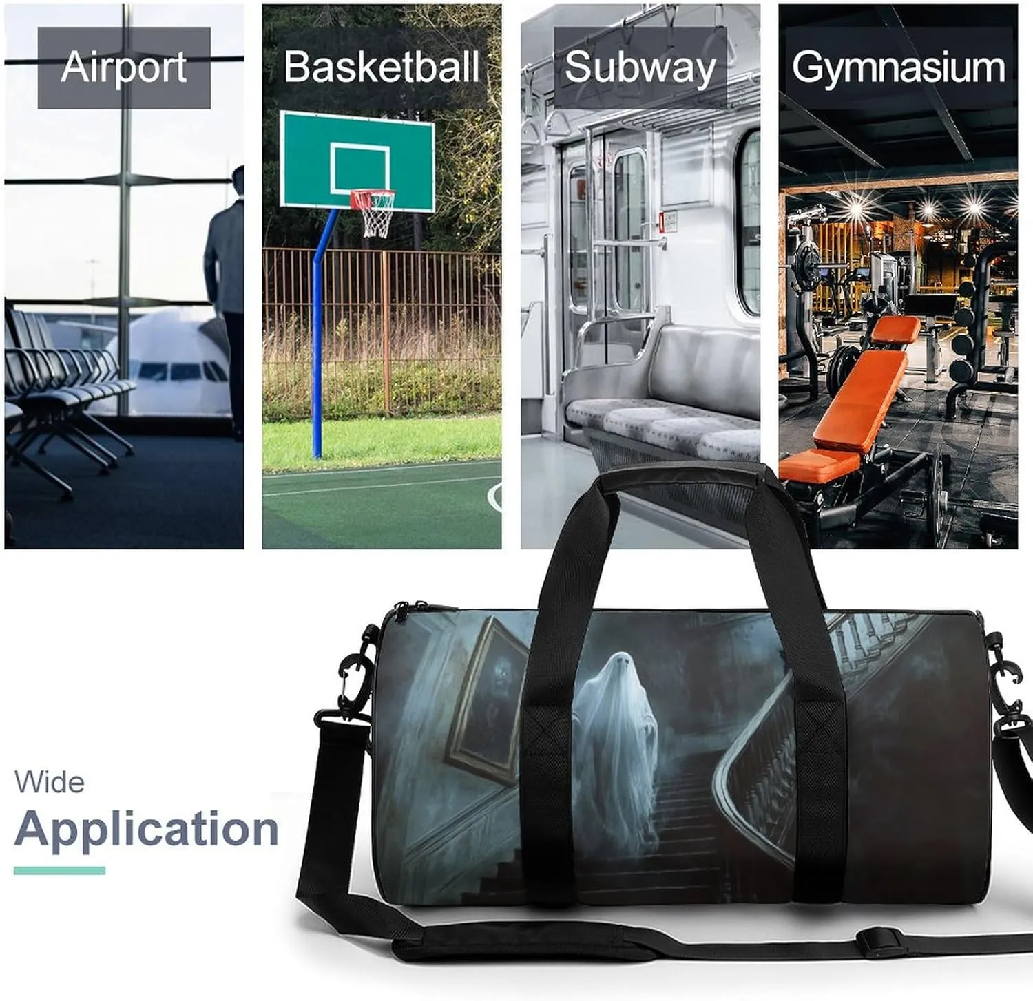Ghost Floating Down The Stairs of An Old Mansion Travel Gym Bag for Women Men Halloween Cylindrical Duffle Bag Sport Workout Bag with Shoulder Strap