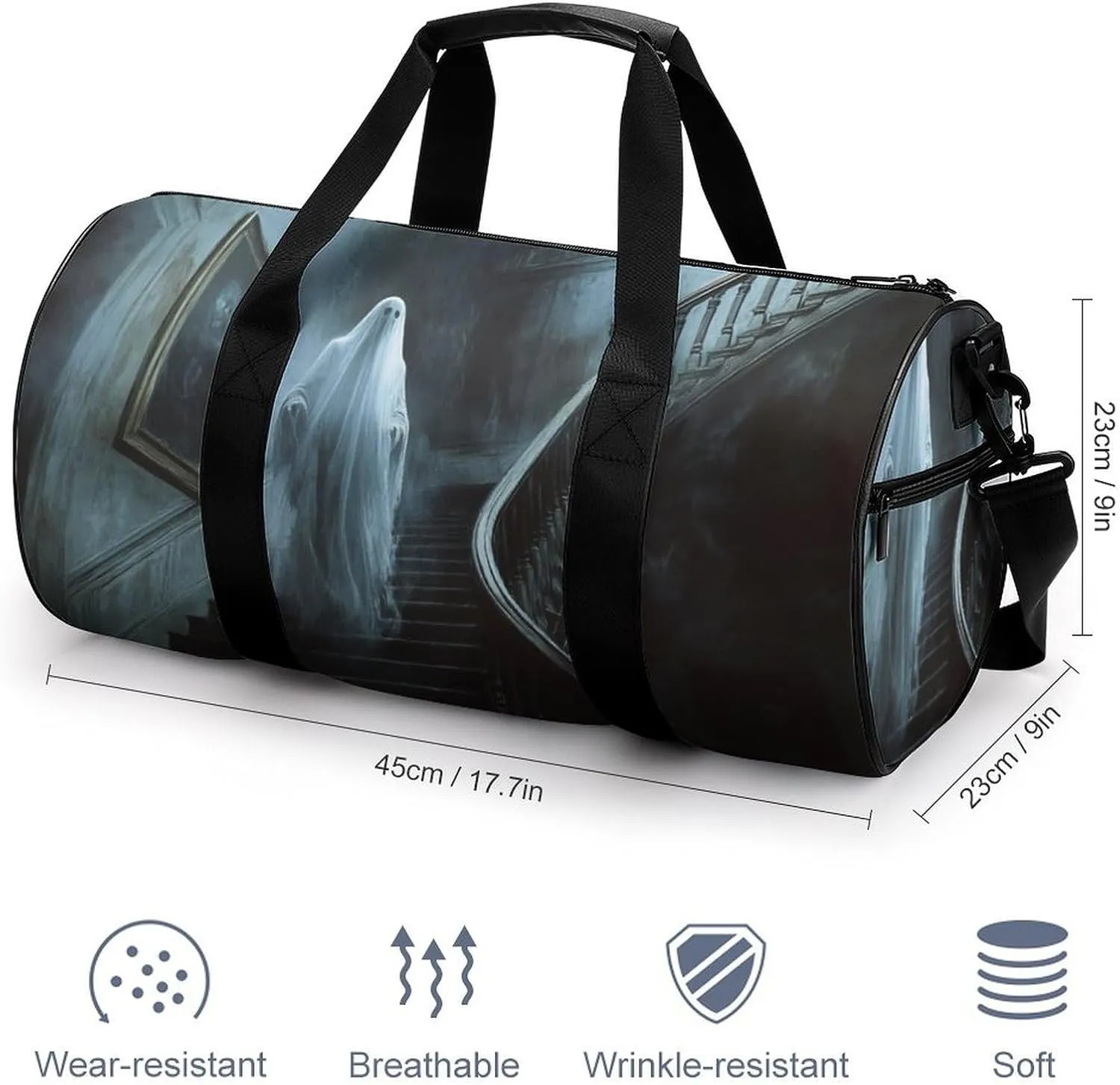 Ghost Floating Down The Stairs of An Old Mansion Travel Gym Bag for Women Men Halloween Cylindrical Duffle Bag Sport Workout Bag with Shoulder Strap
