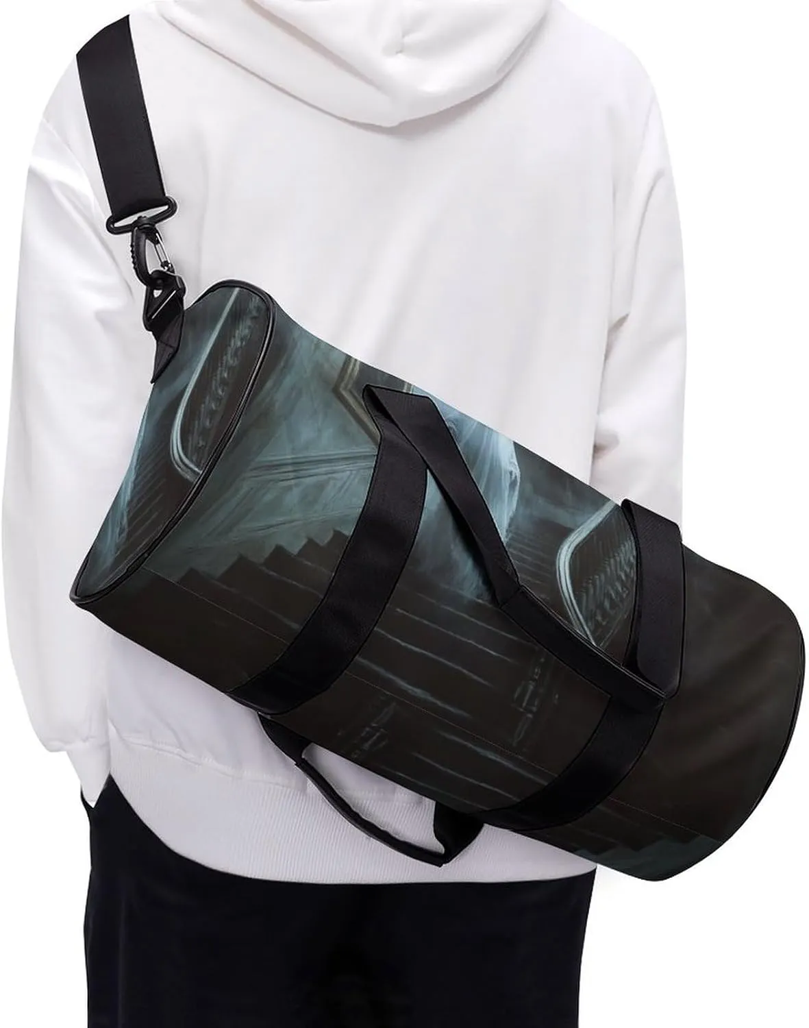 Ghost Floating Down The Stairs of An Old Mansion Travel Gym Bag for Women Men Halloween Cylindrical Duffle Bag Sport Workout Bag with Shoulder Strap