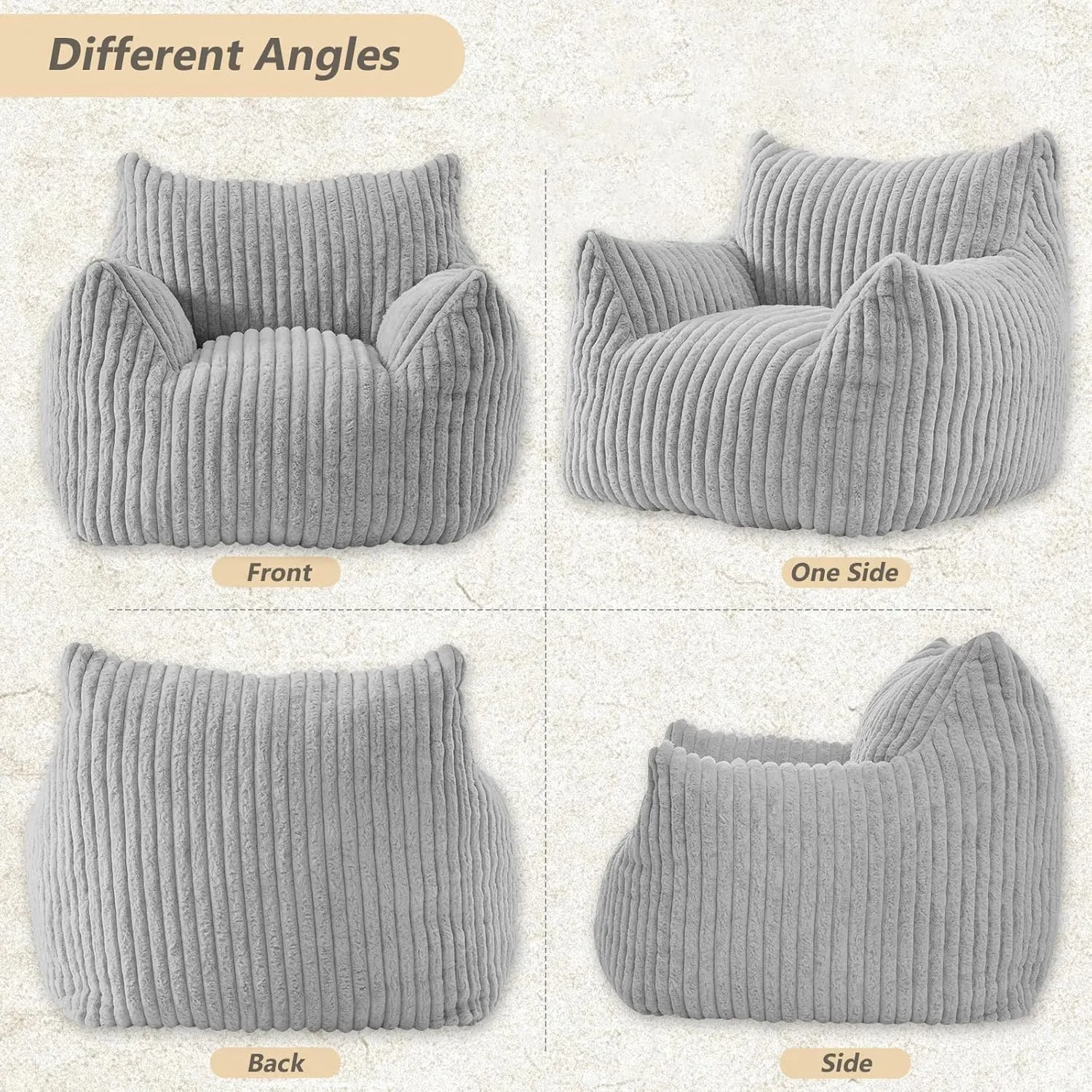 Giant Bean Bag Chairs for Adults Teens, Large Bean Bag Sofa Chairs with Filling Comfy Fuzzy BeanBag Chair with Armrests for Bedroom Living Room Reading (Light Gray, Large)