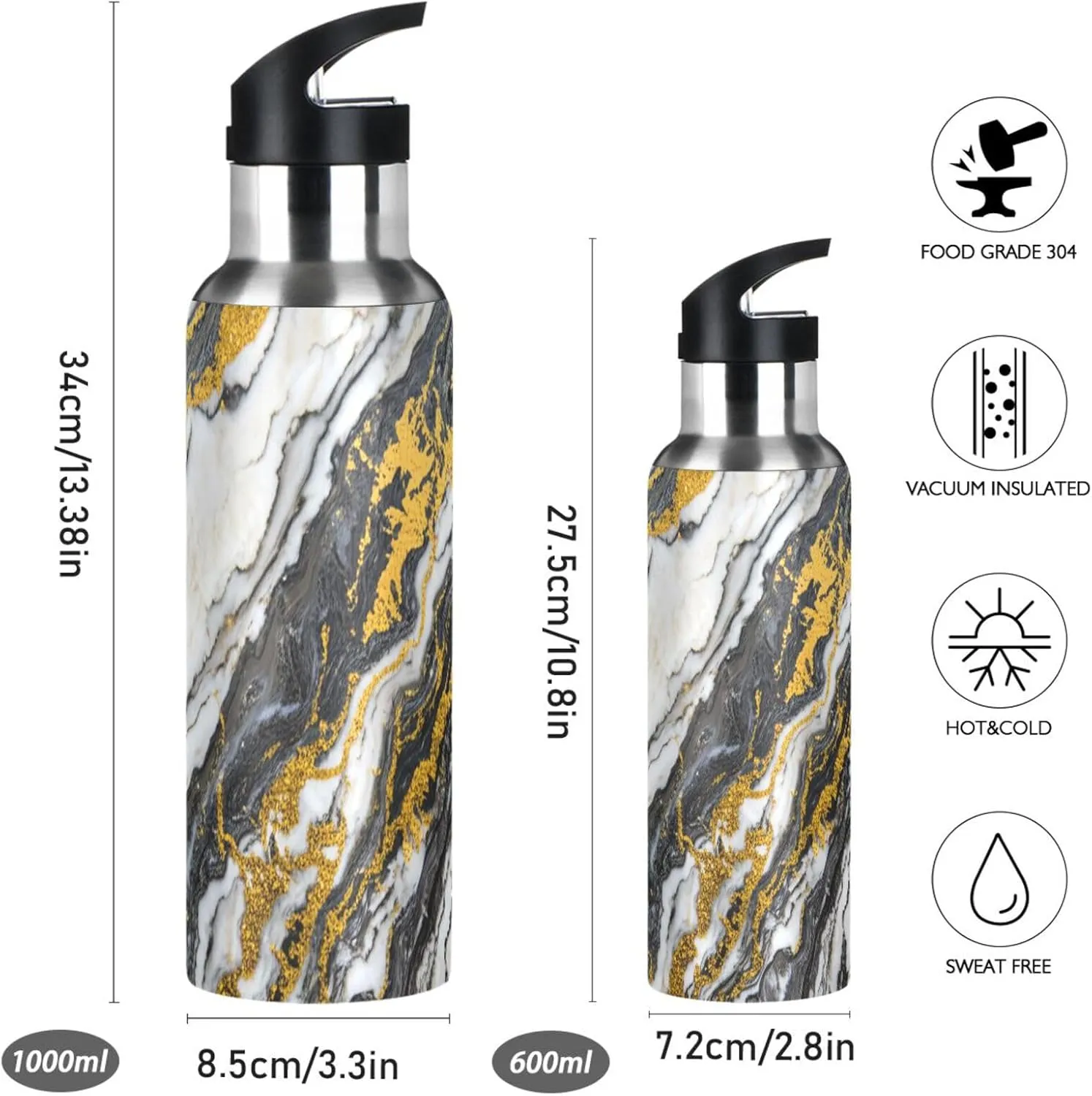 Gilt Marble Sports Water Bottle with Straw, 22oz BPA Free Stainless Steel Vacuum Insulated Bottle for Gym Fitness Outdoor
