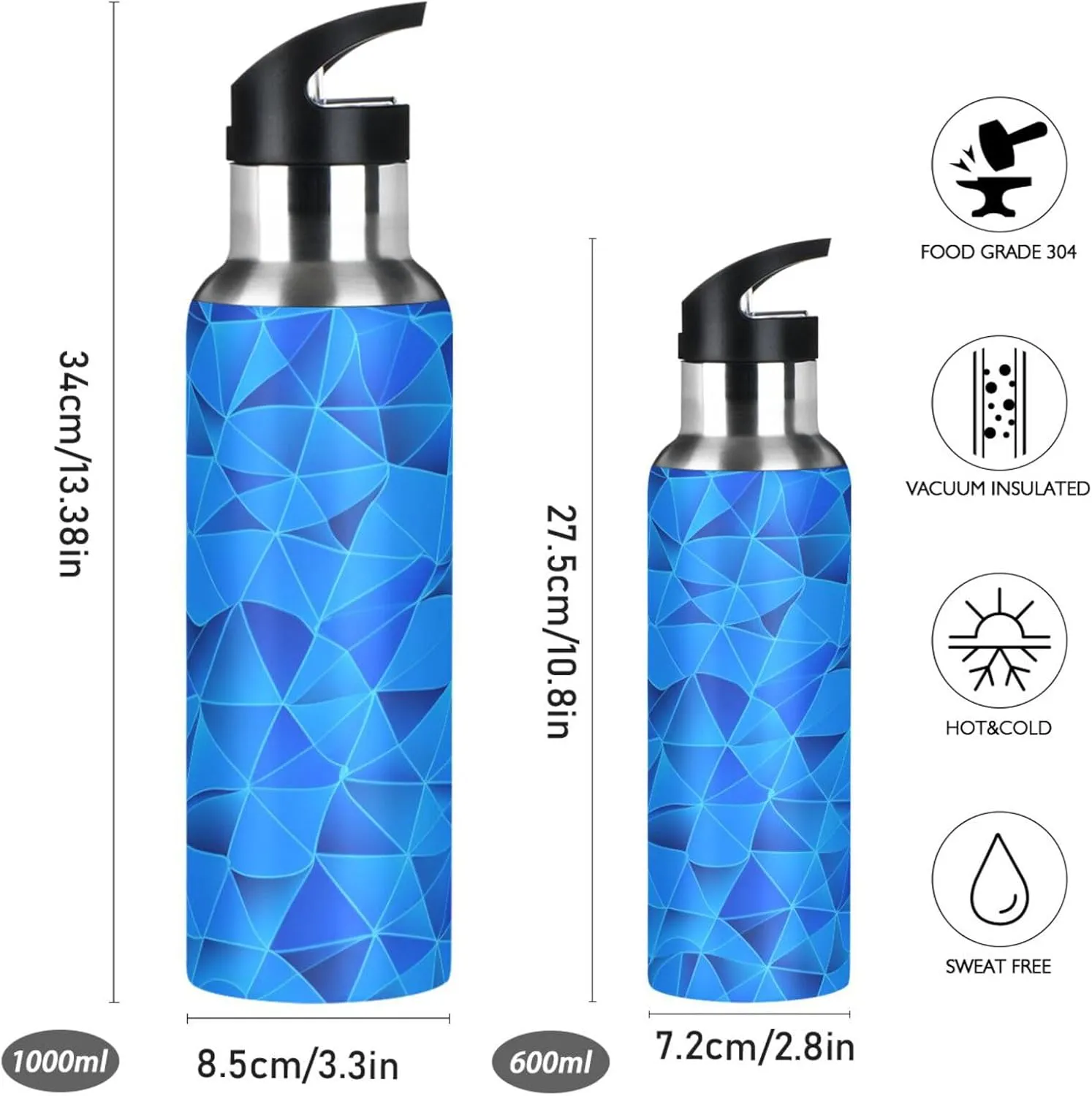 Glass Sports Water Bottle with Straw, 22oz BPA Free Stainless Steel Vacuum Insulated Bottle for Gym Fitness Outdoor