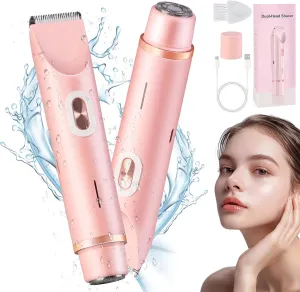 Glow Aura Womens Shaver 2-in-1, Glow Aura Electric Razor, Dual Head Shaver Women, Bikini Trimmer for Women, Electric Razor for Womens Legs, IPX67 Waterproof Wet & Dry Use Body Hair Trimmer (Pink)