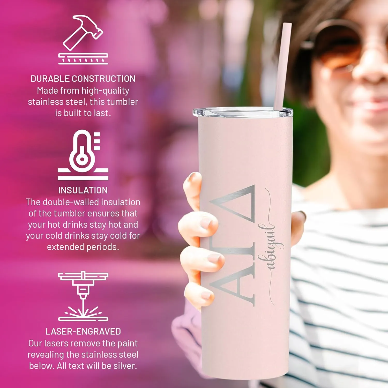 Go Greek Chic - Personalized Delta Zeta Sorority Skinny Tumbler - (Ombre Magic Mist), Custom Greek Life Drinkware, Laser Engraved Name and Insulated Tumbler with Lid & Straw, Keep Drinks Hot or Cold