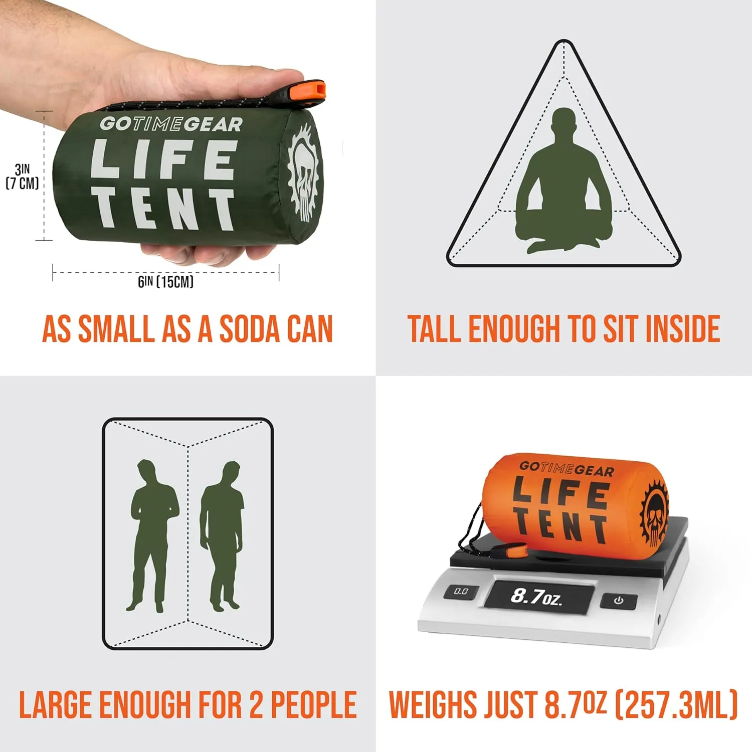 Go Time Gear Survival Life Tent • 2 Person Mylar Emergency Shelter Tube Tent   Paracord • All-Weather Protection for Camping, Hiking, & Survival Kits • Includes Emergency Whistle