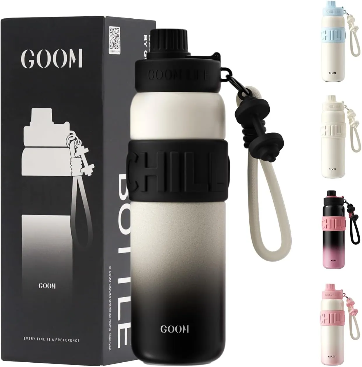 GOOM Chill 24 oz Insulated Water Bottle, 18/10 Stainless Steel Waterbottle with Straw and Straw Cap, Leak Proof Water Bottles for Men, Women, Gifts for Mom, Him, Her—Black
