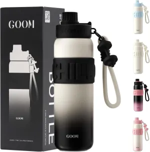 GOOM Chill 24 oz Insulated Water Bottle, 18/10 Stainless Steel Waterbottle with Straw and Straw Cap, Leak Proof Water Bottles for Men, Women, Gifts for Mom, Him, Her—Black