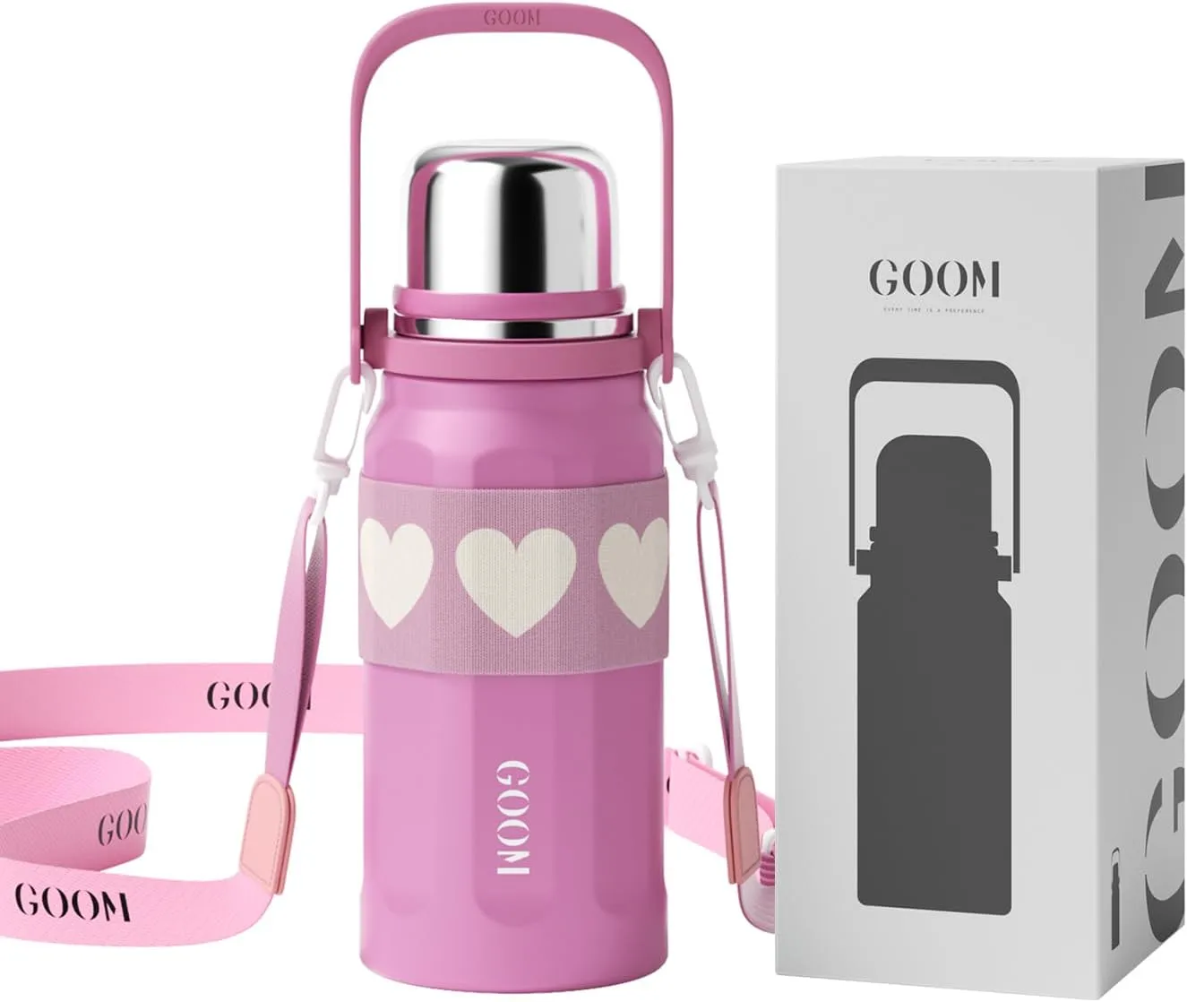 GOOM The Grip 32 oz Water Bottles for Hot and Cold Drinks,18/10 Stainless Steel Insulated Water Bottle with Lid, Carrying Strap,Strainer,7-Layer Insulation,Wide Mouth - Hot Pink