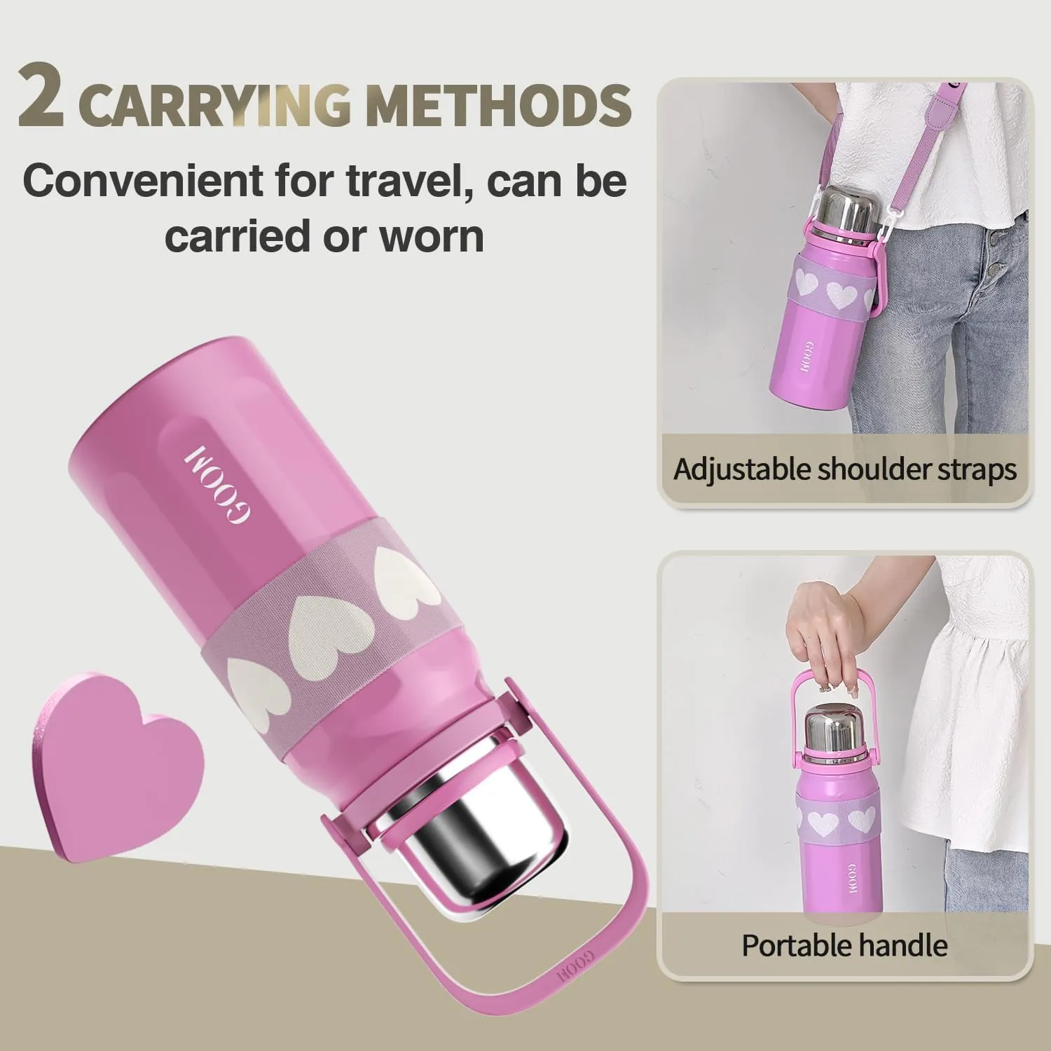 GOOM The Grip 32 oz Water Bottles for Hot and Cold Drinks,18/10 Stainless Steel Insulated Water Bottle with Lid, Carrying Strap,Strainer,7-Layer Insulation,Wide Mouth - Hot Pink